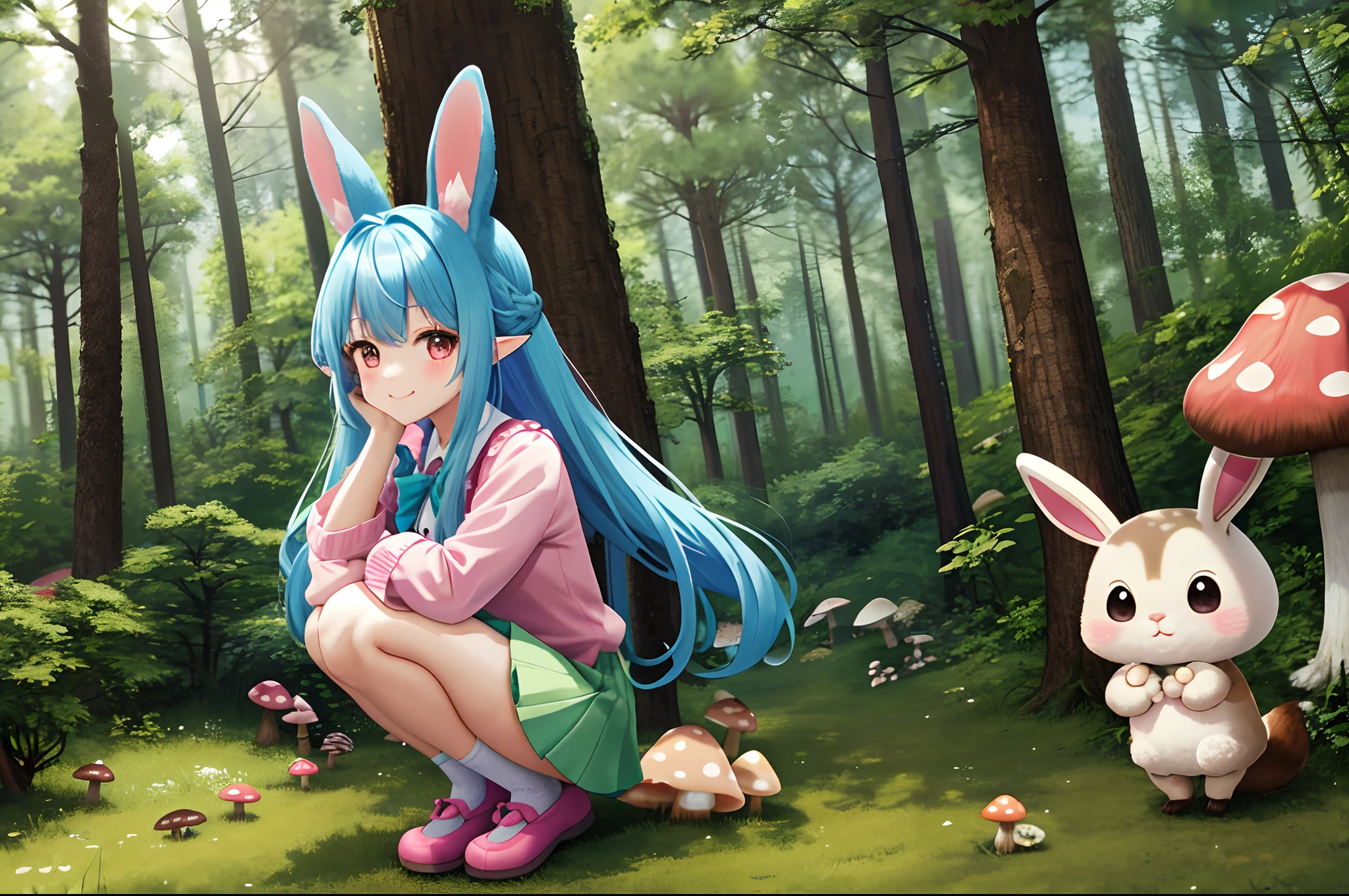 【Top image quality】Kawaii Girl in woods Forest creatures bunny rabbit dark circles a squirrel There is also a。There are also mushrooms。Eared rabbit bare-legged Cute white costume rabbitears shortsleeves Long blue hair Twin-tailed A charming smile pink panty