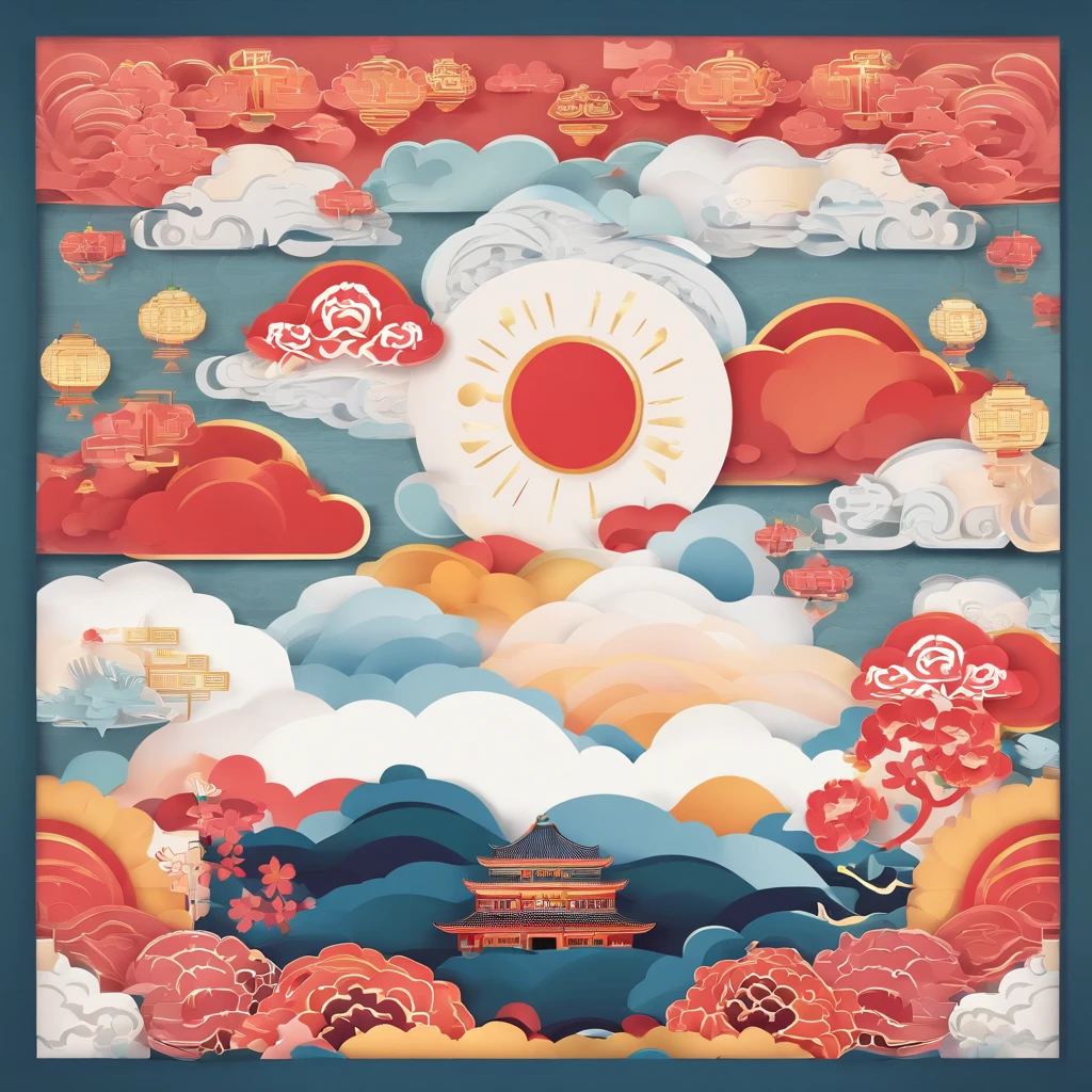 Auspicious clouds，China-style，The colors are bright and rich，Illustration style，Flattening，Guochao style，No characters appear，No construction appears，No flowers appear