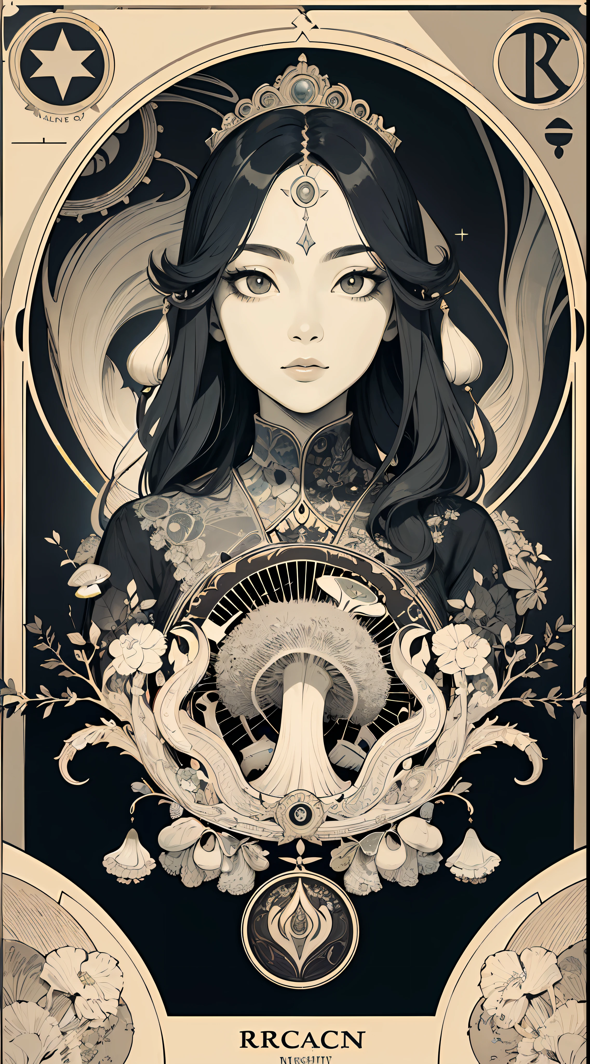 (Masterpiece, Best Quality, Highres:1.4), Detailed, Intricate Details, 4K,
color splashes, line art, art, fibonacci, Asian girl, mushroom, psychedelic art, beautiful charming face,dmt details, trippy, tarot card style, show full objects