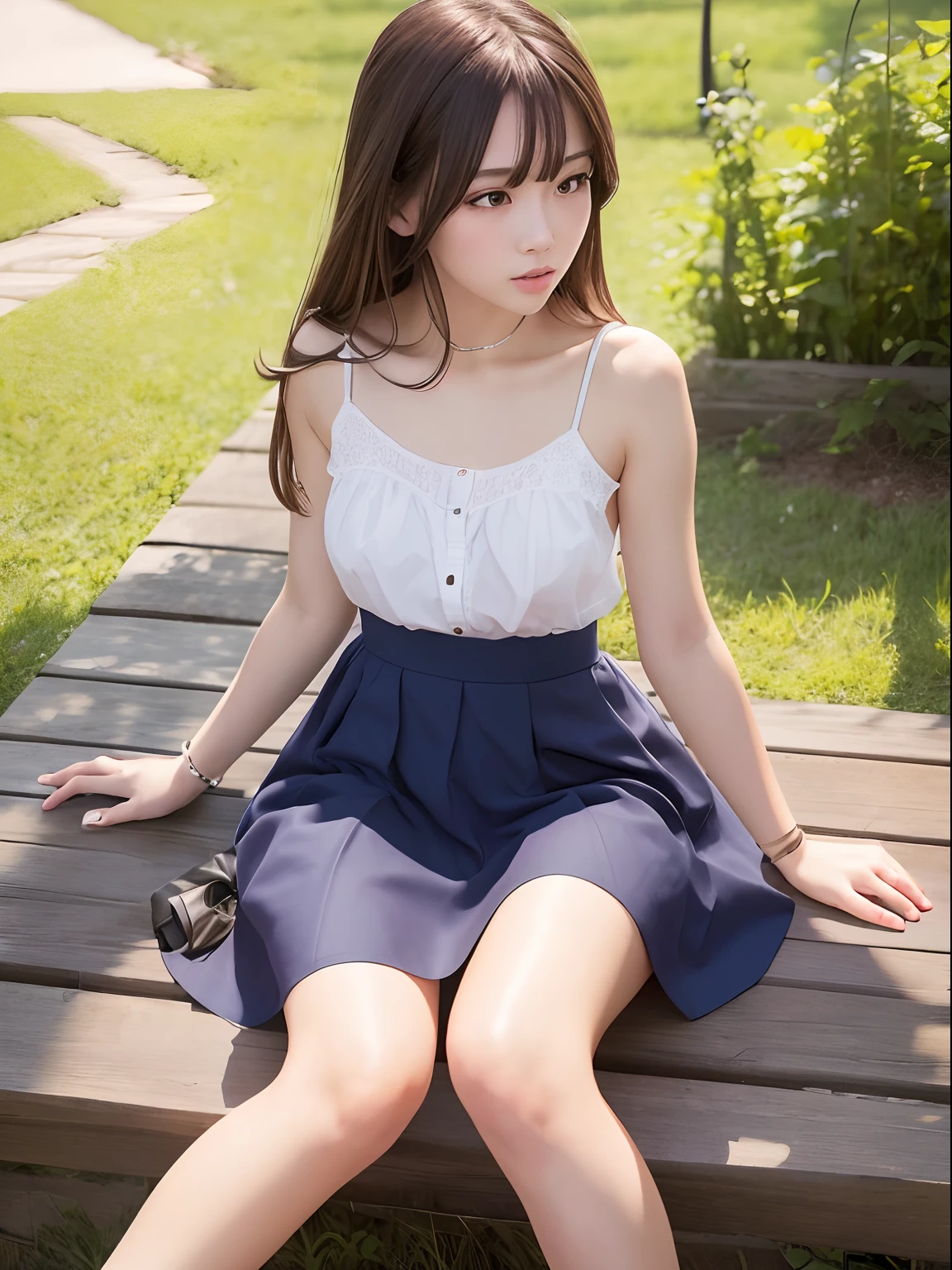 (masterpiece, Highest quality:1.2), 8k, Young and beautiful girl, 85mm,Official AR RAW Photos, 、Big Breasts、, (Sit on the grass leaning against a tree, Reading a book, Knees together, Spread your legs, Under the skirt, (Hairy:1.1), (pubic hair:1.1), (View from the front, Low angle), one piece, detailed, Midsummer blue sky, cumulonimbus, High resolution, super high quality, 超masterpiece, Young leaves,