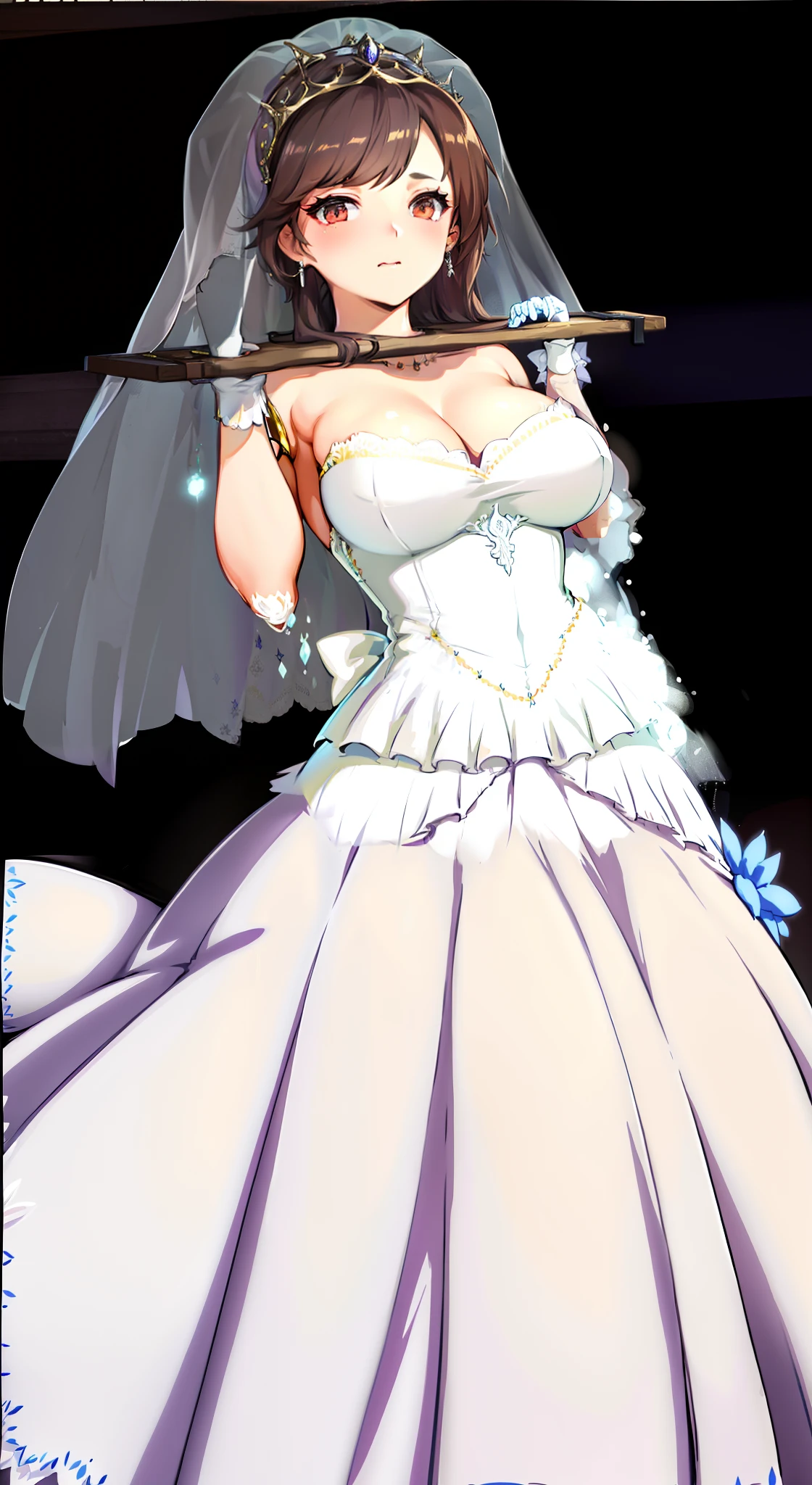 Close-up of a beautiful bride in a beautiful wedding dress, Gurvetz,（pillory：1.5）, （Flail：1.2）,  Flail on the head, Flail on the hands,(Bridal veil: 1.5), (Short transparent veil: 1.5), Flushed face, Head flower, head gear, Very detailed princess wedding dress,(Tubular wedding dress: 1.5), (Silk dress: 1.2 ), (Strapless wedding dress: 1.5), （and floor-length skirts：1.2）, Pure white dress,a white long skirt, necklace, Earrings, (????????????: 1.3), Deep V heart collar wedding dress, bangs, lipstick, (Lace gloves: 1.3),  High detail RAW color art,