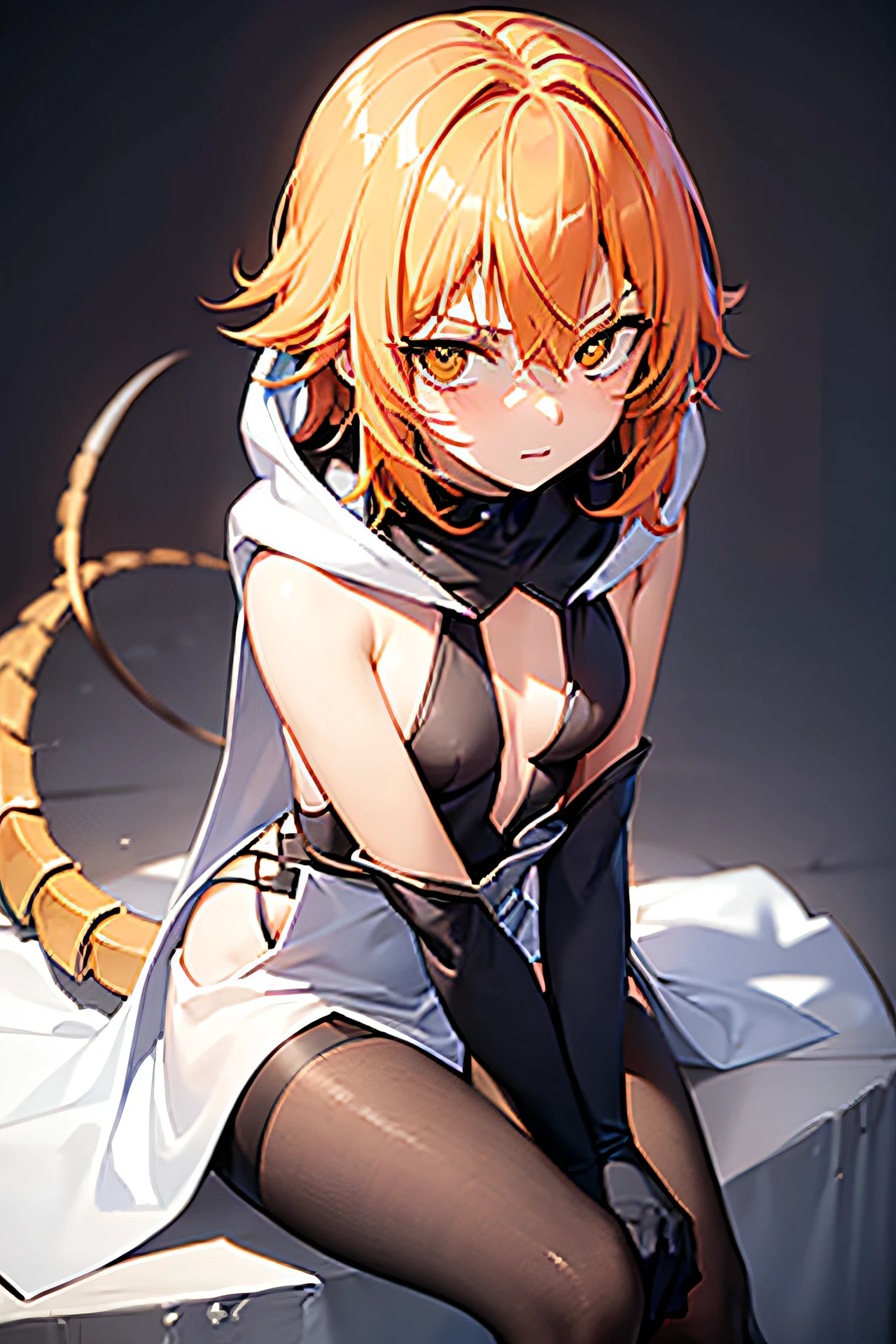 1girl, sitting with hand on cheek and elbow on knee, leaning forward, short orange hair, ahoge, expressionless but smug, yellow eyes, (square pupils), wearing white robes, silver highlights, wearing hood over head, (scorpion tail), absurdres, high res, ultrasharp, masterpiece, skinny, small breasts, long legs,