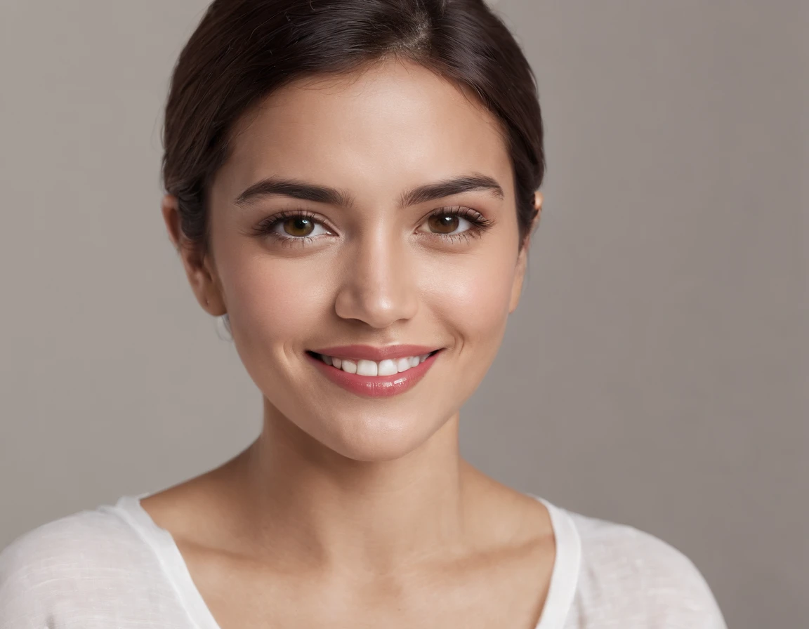 ((South American Latino)), (Latino woman), (photo: 1.3) af (photorealism: 1.3), frontal close-up, soft light, clear face, happy, cheerful, warm light, white t-shirt, (gray and white background), (blank background), (gray wall background) avatar, (short hair), smile, short hair, smile, (close-up)