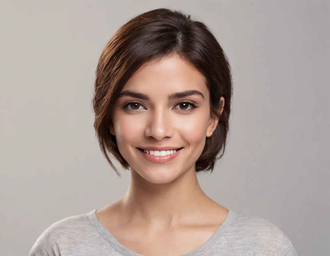 ((South American Latino)), (Latino woman), (photo: 1.3) af (photorealism: 1.3), frontal close-up, soft light, clear face, happy, cheerful, warm light, white t-shirt, (gray and white background), (blank background), (gray wall background) avatar, (short hair), smile, short hair, smile, (close-up)