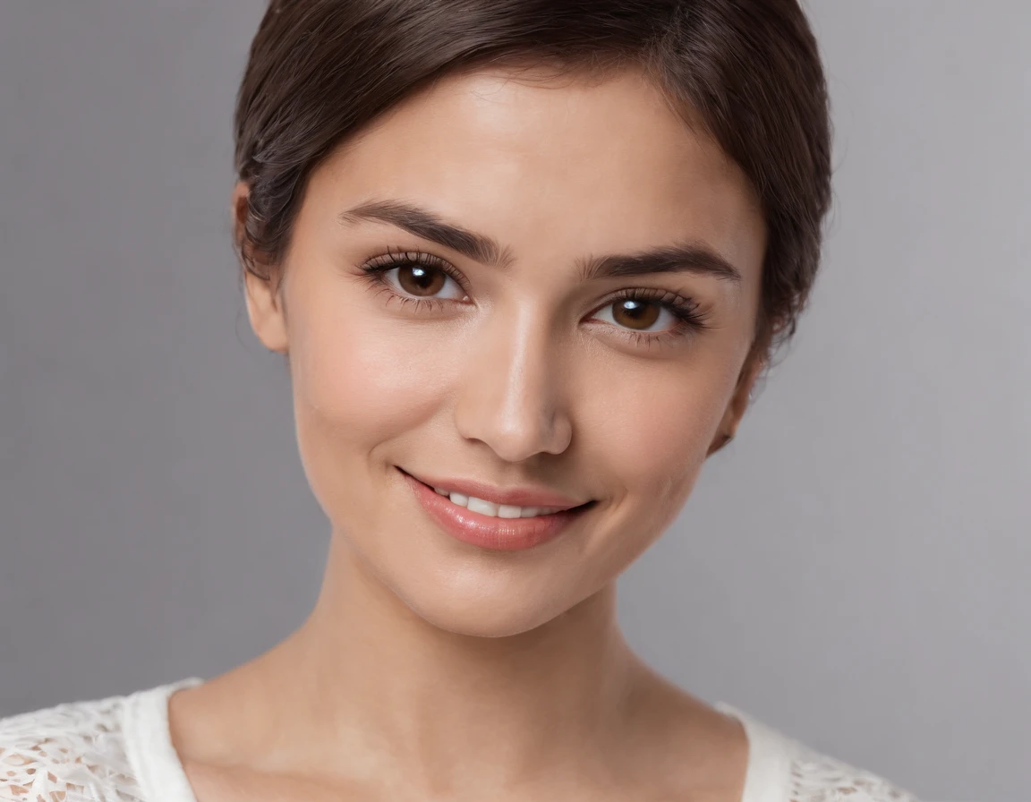 ((South American Latino)), (Latino woman), (photo: 1.3) af (photorealism: 1.3), frontal close-up, soft light, clear face, happy, cheerful, warm light, white t-shirt, (gray and white background), (blank background), (gray wall background) avatar, (short hair), smile, short hair, smile, (close-up)