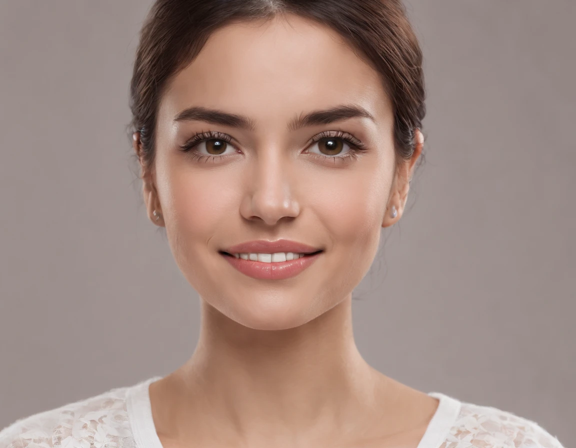 ((South American Latino)), (Latino woman), (photo: 1.3) af (photorealism: 1.3), frontal close-up, soft light, clear face, happy, cheerful, warm light, white t-shirt, (gray and white background), (blank background), (gray wall background) avatar, (short hair), smile, short hair, smile, (close-up)