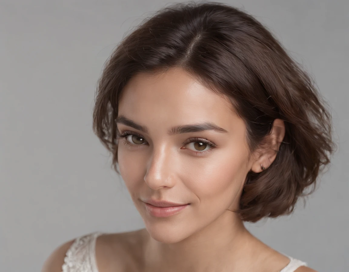 ((South American Latino)), (Latino woman), (photo: 1.3) af (photorealism: 1.3), frontal close-up, soft light, clear face, happy, cheerful, warm light, white t-shirt, (gray and white background), (blank background), (gray wall background) avatar, (short hair), smile, short hair, smile, (close-up)