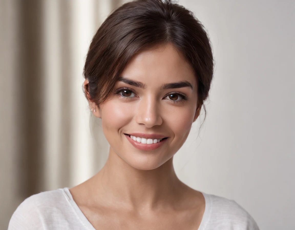((South American Latino)), (Latino woman), (photo: 1.3) af (photorealism: 1.3), frontal close-up, soft light, clear face, happy, cheerful, warm light, white t-shirt, (gray and white background), (blank background), (gray wall background) avatar, (short hair), smile, short hair, smile, (close-up)