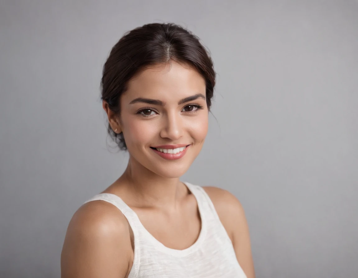 ((South American Latino)), (Latino woman), (photo: 1.3) af (photorealism: 1.3), frontal close-up, soft light, clear face, happy, cheerful, warm light, white t-shirt, (gray and white background), (blank background), (gray wall background) avatar, (short hair), smile, short hair, smile, (close-up)