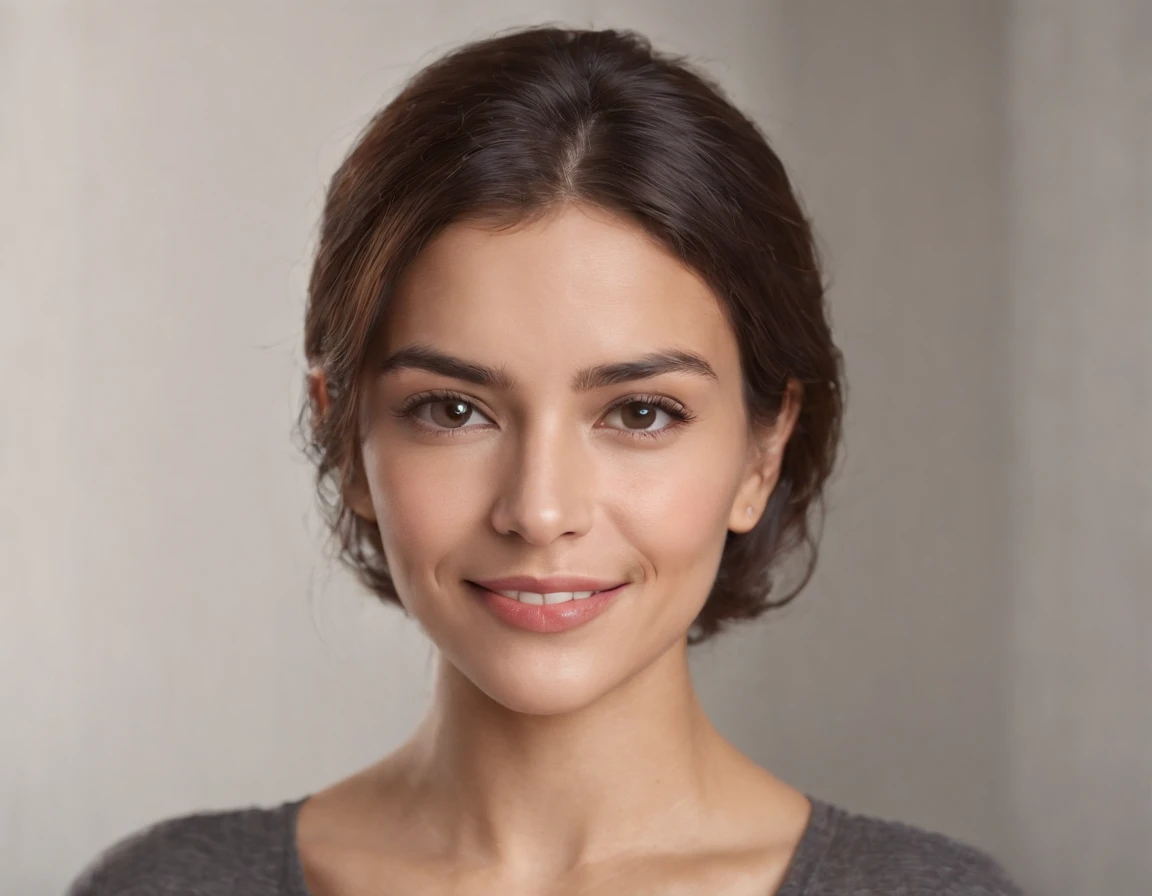 ((South American Latino)), (Latino woman), (photo: 1.3) af (photorealism: 1.3), frontal close-up, soft light, clear face, happy, cheerful, warm light, white t-shirt, (gray and white background), (blank background), (gray wall background) avatar, (short hair), smile, short hair, smile, (close-up)