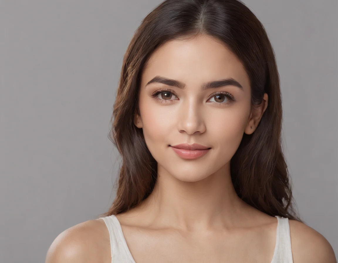 (Photo: 1.3) af (realism: 1.3), (Hispanic), Latina woman profile picture, (frontal close-up), soft light, clear face, happy, cheerful, warm light, white T-shirt, (off-white background), (blank background), ((gray wall background)) avatar, (long hair), smile, beautiful, young,, short hair, smile, (close-up)