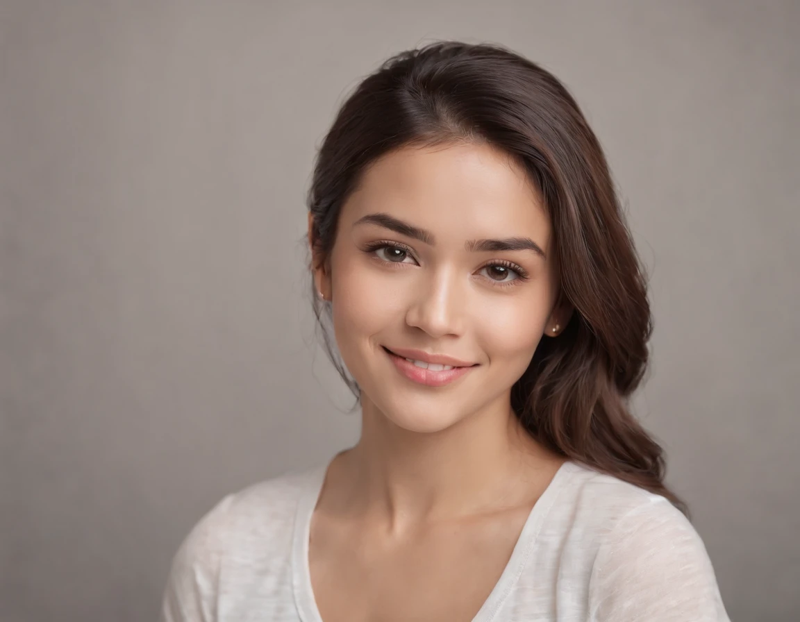 (Photo: 1.3) af (realism: 1.3), (Hispanic), Latina woman profile picture, (frontal close-up), soft light, clear face, happy, cheerful, warm light, white T-shirt, (off-white background), (blank background), ((gray wall background)) avatar, (long hair), smile, beautiful, young,, short hair, smile, (close-up)