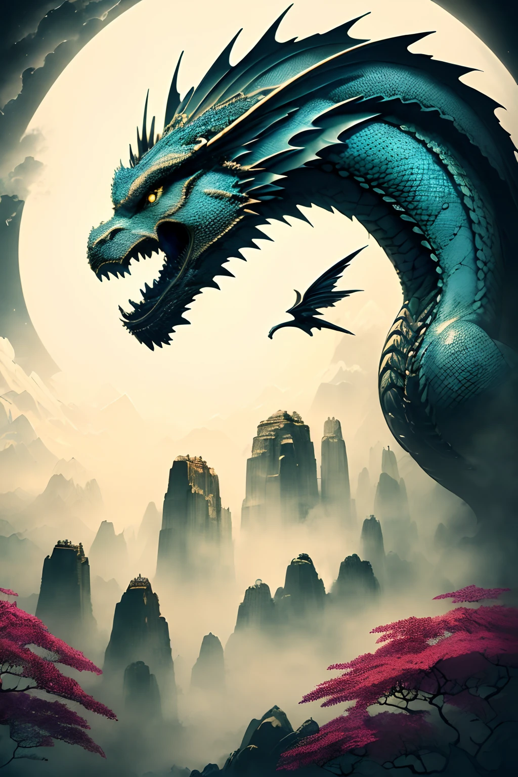 (high quality, 4k, 8k, high resolution, masterpiece:1.2), ultra-detailed, (realistic, photorealistic, photo-realistic:1.37), azure dragon, fantasy, ink, white background: 1.3, vibrant colors, illuminated by soft moonlight, mystical atmosphere, intricate patterns, expressive eyes, elegant posture, enchanting scene
