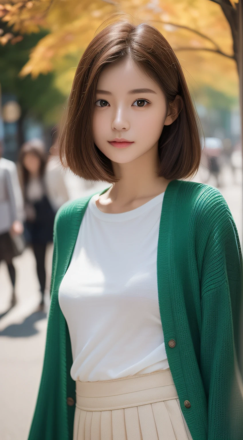 (photographed:1.2)、(Photorealsitic:1.4)、(​masterpiece:1.3)、(top-quality:1.4)、超A high resolution、(A detailed eye)、(detailed facial features)、(detailed clothes features)、8K分辨率、solofocus、bangss、Double eyelids、Beautiful lips、toned legs、(Slender girl)、(a japanese girl)、(Japan Faces)、1 girl in、２３age、Slim Beauty:1.3、brown haired、Delicate hair、The background is a row of ginkgo trees、(((Autumn clothes、white t-shirts、Green long sleeve cardigan、long  skirt)))、In the street、(Beautiful breasts:1.2)、Realistic body、de pele branca、Slim body、(short-hair:1.2)、(bangss: 1.2)、Bruises and ugly face、kawaii faces、Lifelike face、Delicate body、((sexy  pose))、stunning lighting