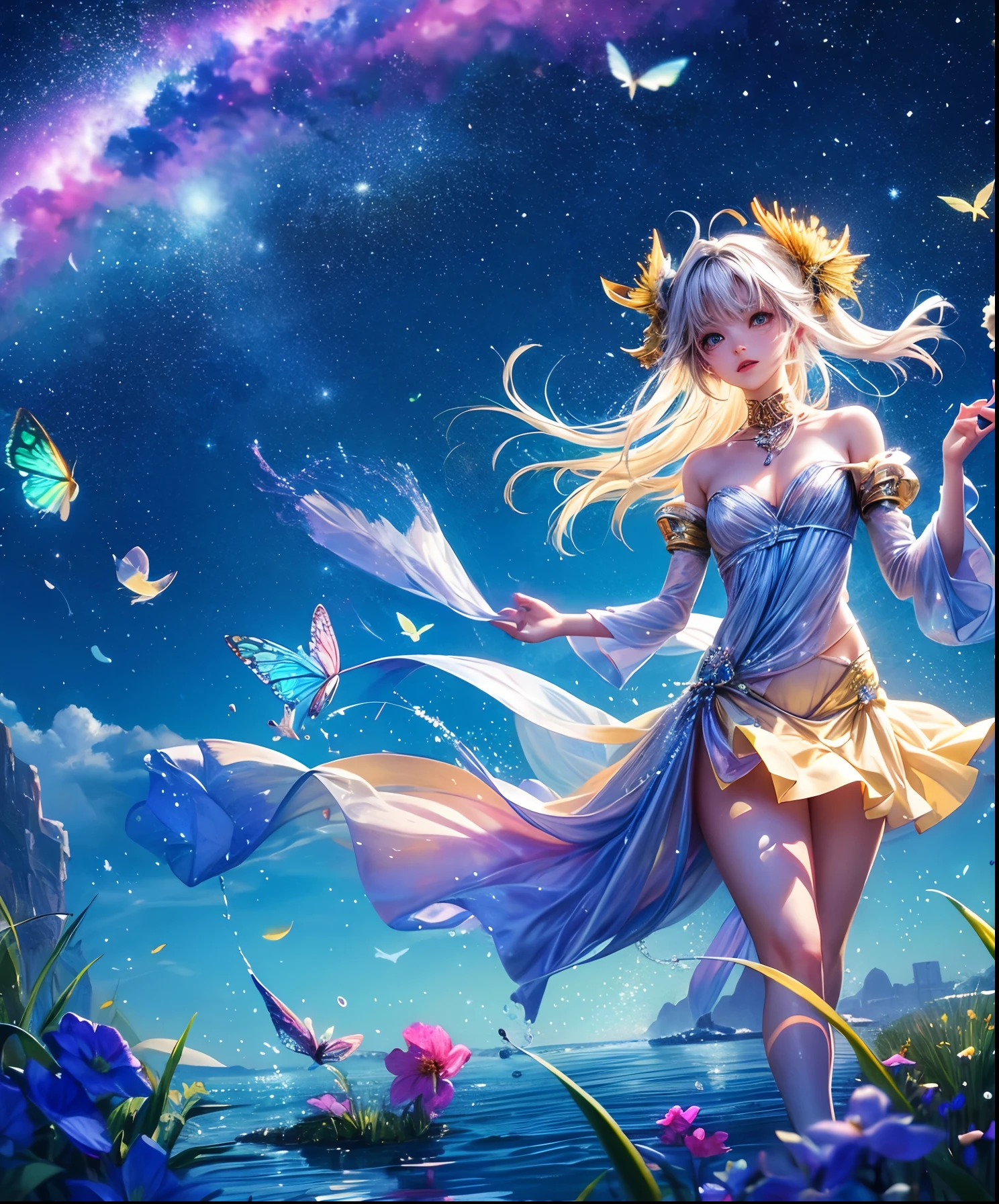 Cute girl characters、Describes a scene with grassy butterflies lying on the water flying around, Looking up at the starry sky. Surround her with colorful nebulae and her favorite constellations.