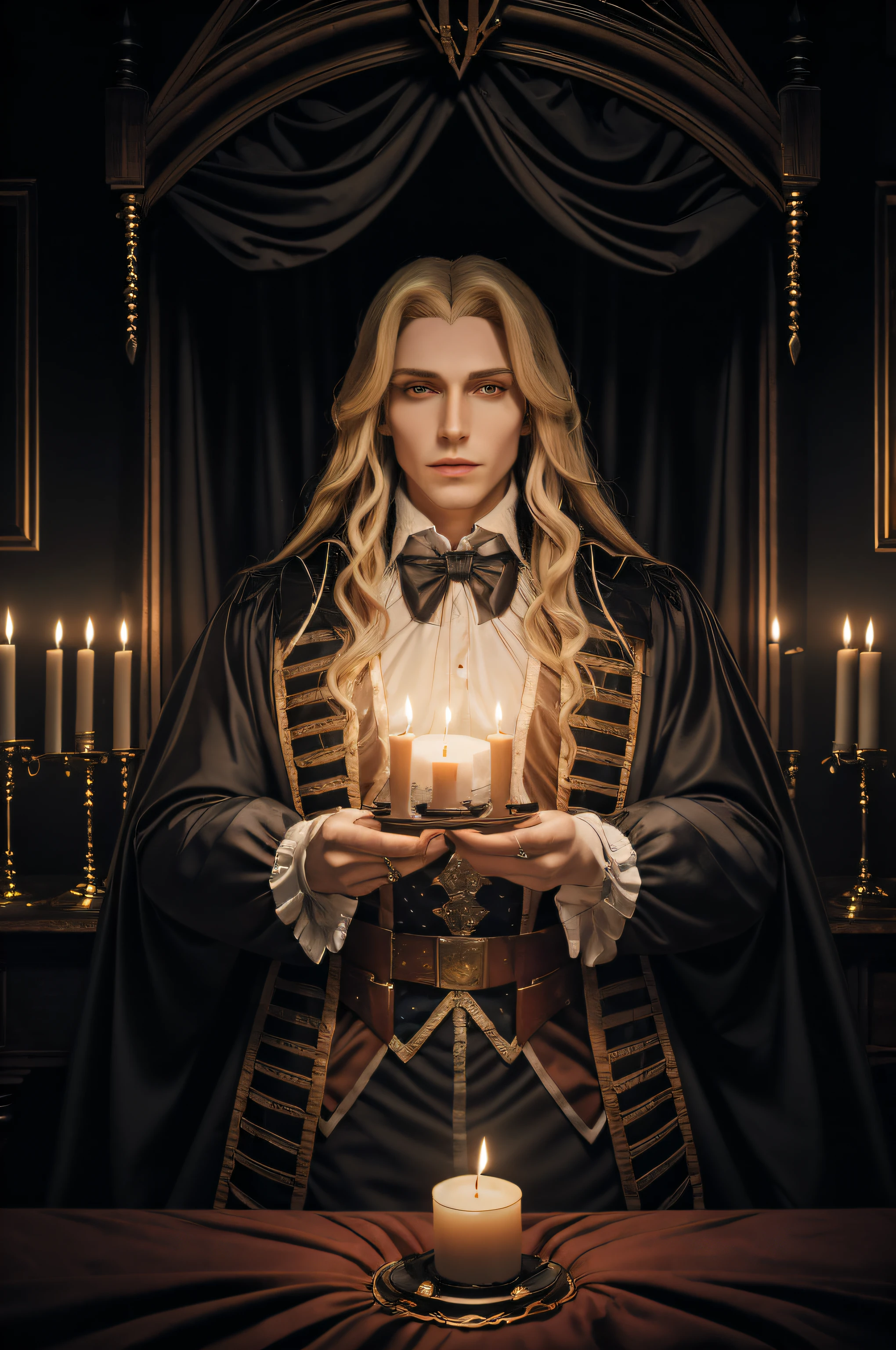 1male, handsome male, Portrait of the upper body of Alucardcastlevania wearing a court costume in the bedroomGothic room, candle, looking a viewer, low key light, Dark, Horror \(subject\), Realistic, Long blonde,