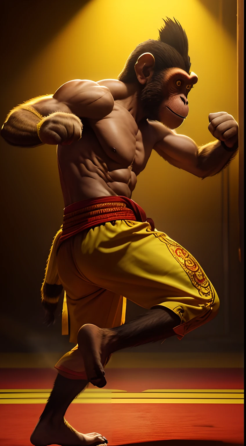 monkey mask creature, Muay Thai style, yellow and red colors, kicking pose, full body, Animal Anthropomorphism, realistic digital, humanoid, abstract background, global illumination, intricate, epic, dramatic, masterpiece, high detail, best quality, ultra high res
