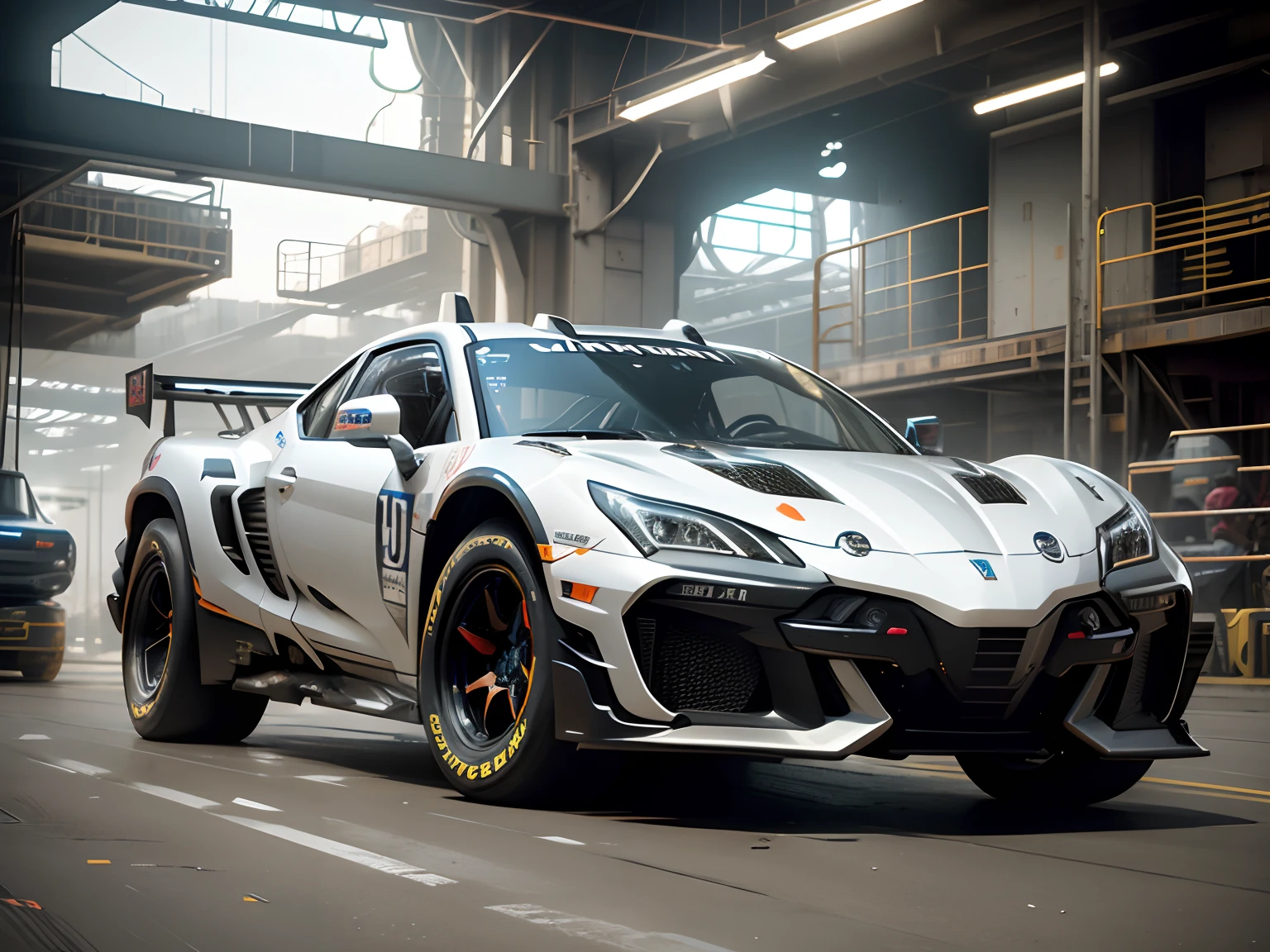 Hyper realistic 4D real life size of Supermecha robotic car, racing truck mixed nascar, bulky, futuristic design, stylish racing element, dash yonkuro tamiya car inspired, nice color grading, color balance, clean and sharp image, nice brightness, dynamic shading, Nikon D4, inspired by sci-fi artist H.R. Giger