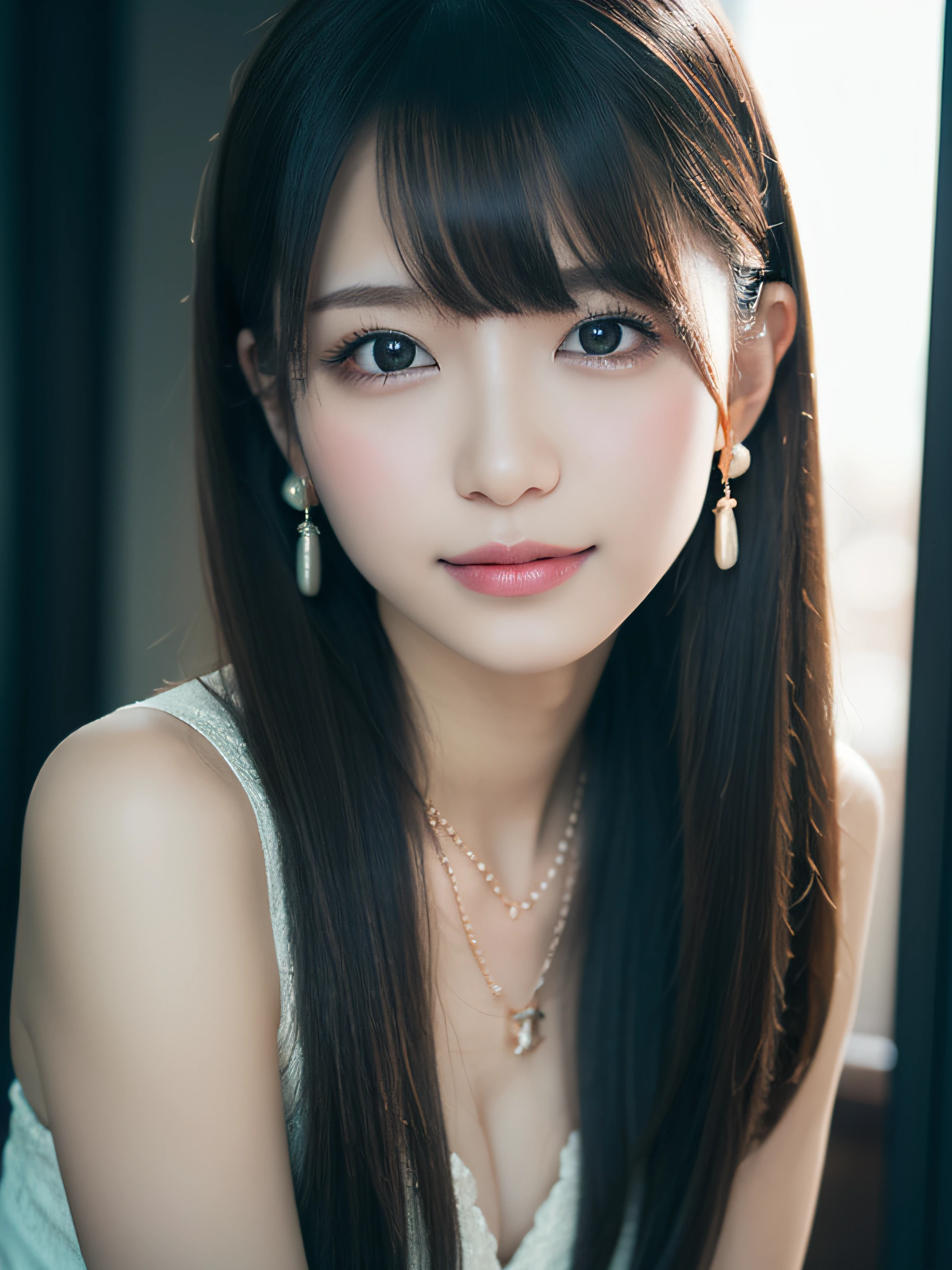 masterpiece、top-quality、realisitic、(A hyper-realistic), (illustratio), (hight resolution), (8K), (ighly detailed), (The best illustrations), (beatiful detailed eyes), (top-quality), (ultra-detailliert), (masterpiece), (wall-paper), (详细的脸), a bed、Upper body close-up,Armpit, Angel Lip,Plump,独奏,(Wearing a plummeted open shirt of white silk:1.5), full of sweat, japanes, large full , (camel's toe)、huge-breastey luxury living room、Detailed white teeth、ultimate beauty girl、No bra、(Diamond necklace)、perfect teeth、Brown hair、Light makeup、Navel、Seductive look、Room with night view of the building、eyes large、abdominals、