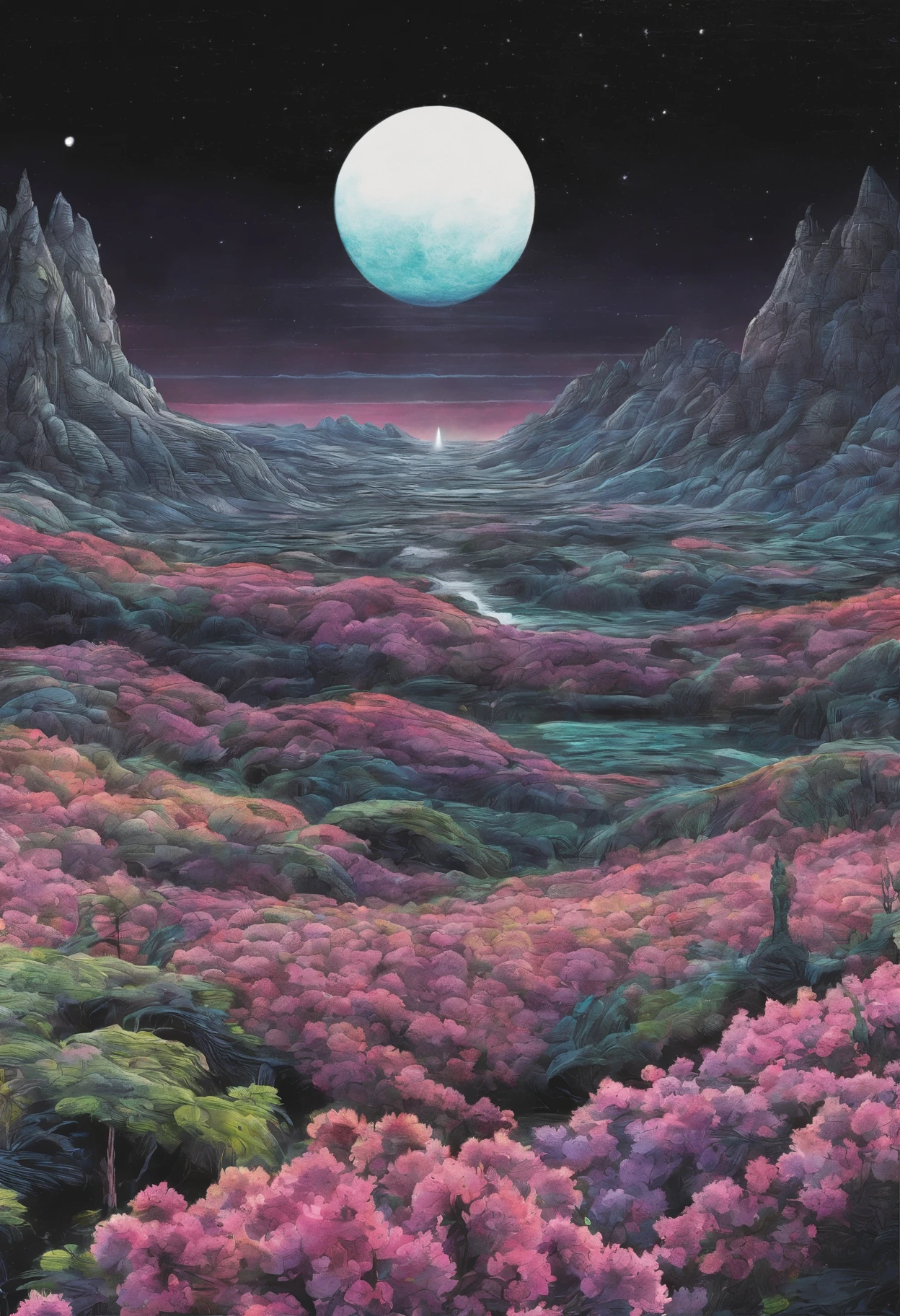 Field with beautiful flowers (close-up cleavage), meditate, Zazen, A meditative (Chinese landscape painting), (ink and watercolor painting), (8k wallpaper), (Light and Shadow Effect), rendering by octane, White balance design, Extremely detailed image representation, Wide angles, depth of fields, masterpiece, realistic, beautifully portrayed, a detailed, accurate, Masterpieces, masterpiece”