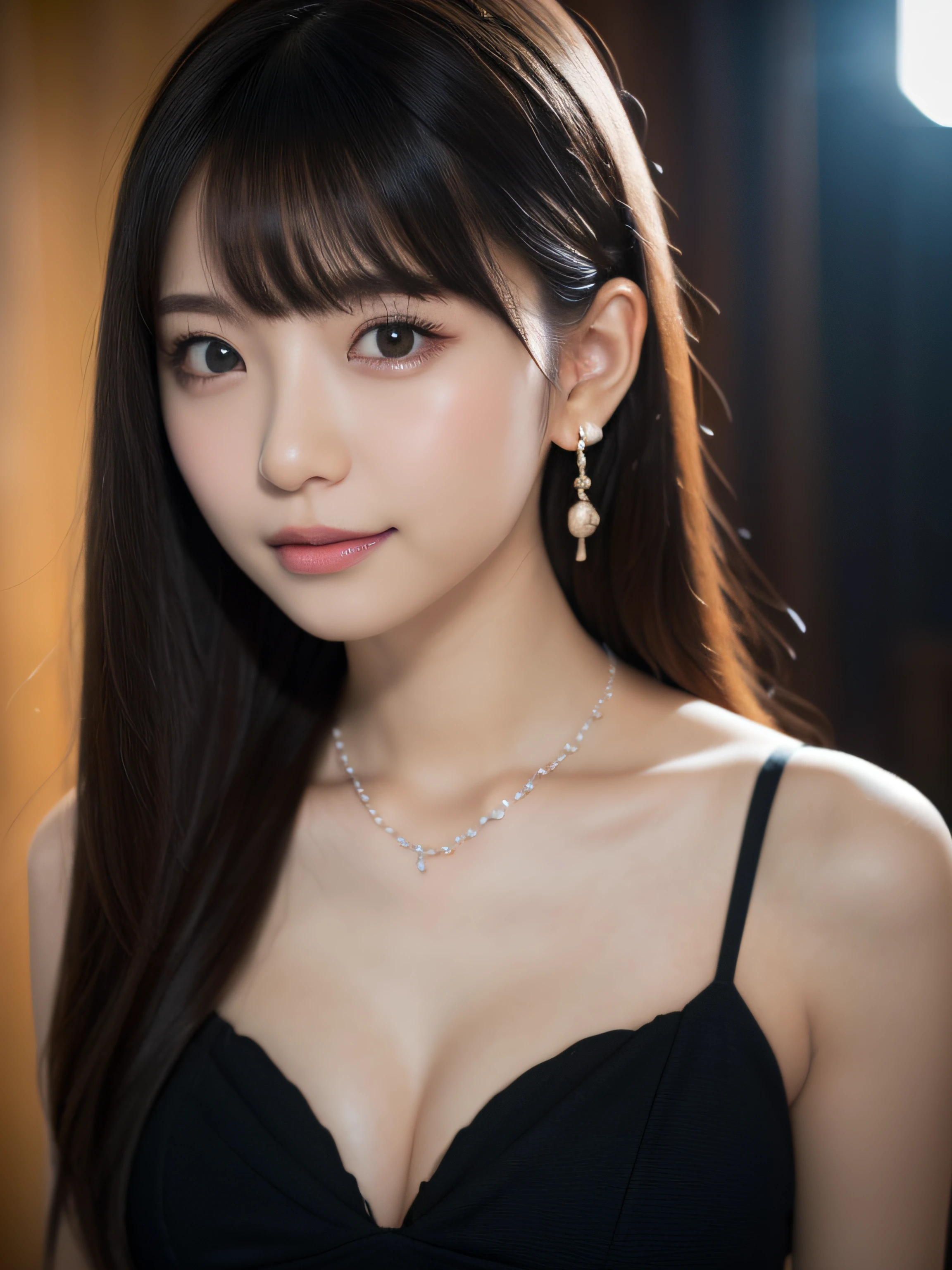 Best Quality, masutepiece, High resolution, 1girl in, Beautiful face, slenderbody、Hair Accessories, gaze at the audience, Smiling, closes mouth, Beautiful lips, Dress, Hair Accessories, Necklaces, Jewelry, Long hair, earrings, Beautiful face, On the body, Tindall Effect, Realism, Dark Studio, Edge lighting, Two-tone lighting, (High Detail Skin: 1.2), 8K UHD, Digital SLR, Soft light, High quality, Volumetric lighting, Photo, high-definition4K, 8K, Blurred background