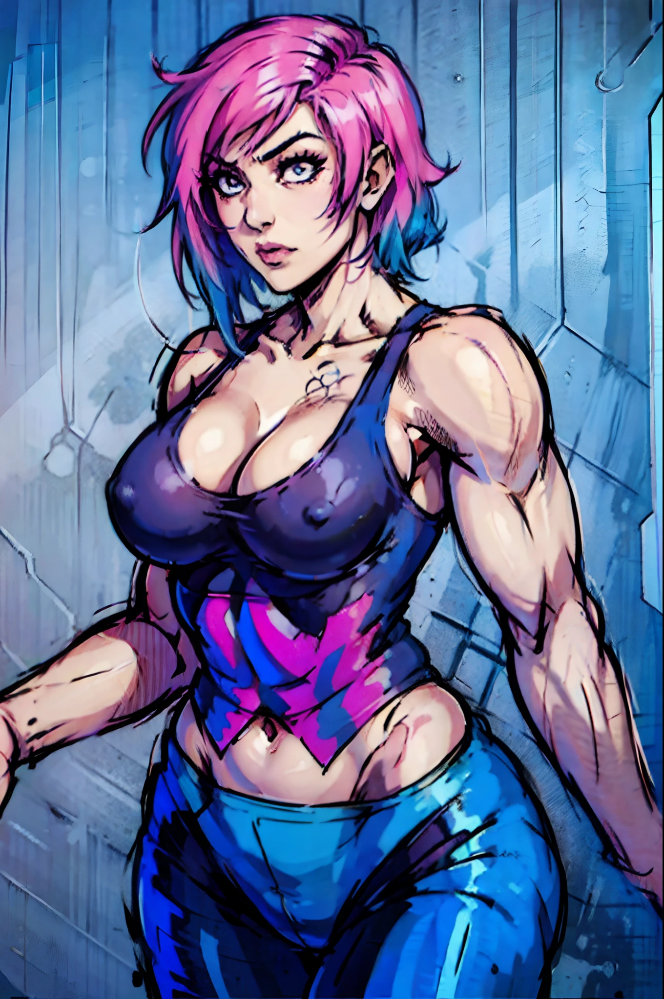 comics style ,western anime, Beautiful girl, Muscular, (Boxer), Cleavage, (skin tight,
tank top), Abs, tattoo, big breasts, light blue (emo_hairstyle) with pink highlights, makeup,