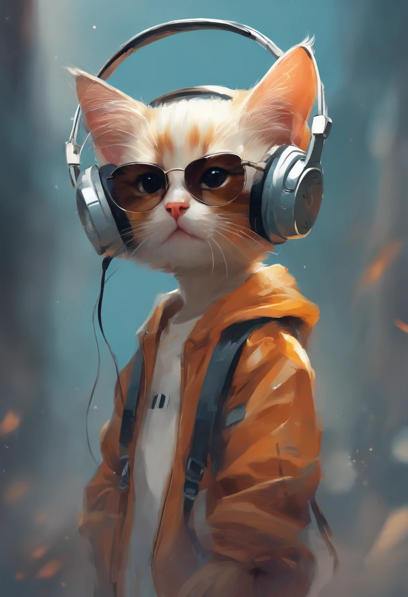 Perfect centering, Cute kitten, Wear a student team jacket, Wearing sunglasses, Wearing headphones, cheerfulness, Standing position, Abstract beauty, Centered, Looking at the camera, Facing the camera, nearing perfection, Dynamic, Highly detailed, smooth, Sharp focus, 8K, high definition resolution, illustration, Art by Carne Griffiths and Wadim Kashin, White background