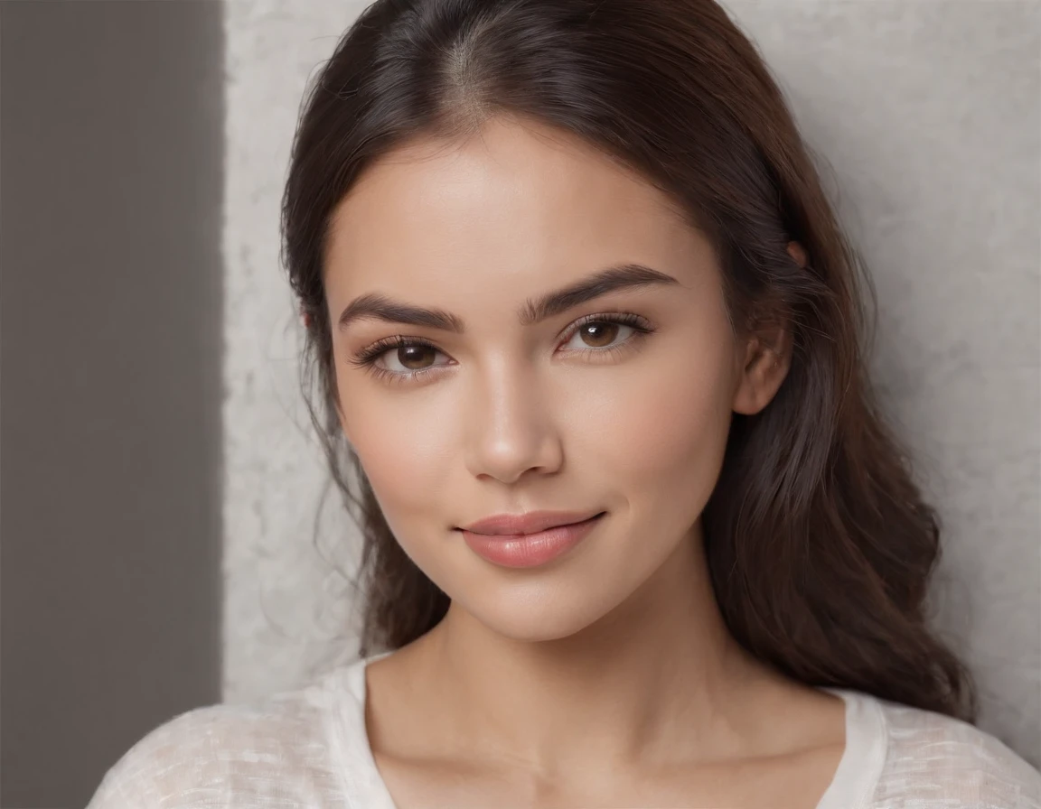 (Photo: 1.3) af (realism: 1.3), (Hispanic), Latina woman profile picture, (frontal close-up), soft light, clear face, happy, cheerful, warm light, white T-shirt, (off-white background), (blank background), ((gray wall background)) avatar, (long hair), smile, beautiful, young,, short hair, smile, (close-up)