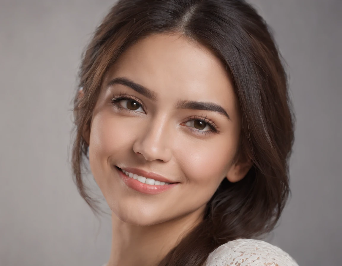 (Photo: 1.3) af (realism: 1.3), (Hispanic), Latina woman profile picture, (frontal close-up), soft light, clear face, happy, cheerful, warm light, white T-shirt, (off-white background), (blank background), ((gray wall background)) avatar, (long hair), smile, beautiful, young,, short hair, smile, (close-up)