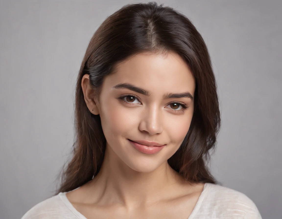 (Photo: 1.3) af (realism: 1.3), (Hispanic), Latina woman profile picture, (frontal close-up), soft light, clear face, happy, cheerful, warm light, white T-shirt, (off-white background), (blank background), ((gray wall background)) avatar, (long hair), smile, beautiful, young,, short hair, smile, (close-up)