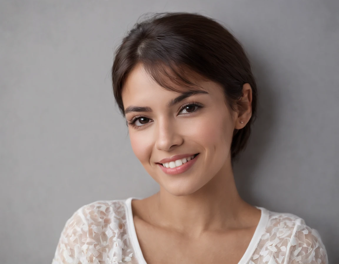 ((South American Latino)), (Latino woman), (photo: 1.3) af (photorealism: 1.3), frontal close-up, soft light, clear face, happy, cheerful, warm light, white t-shirt, (gray and white background), (blank background), (gray wall background) avatar, (short hair), smile, short hair, smile, (close-up)