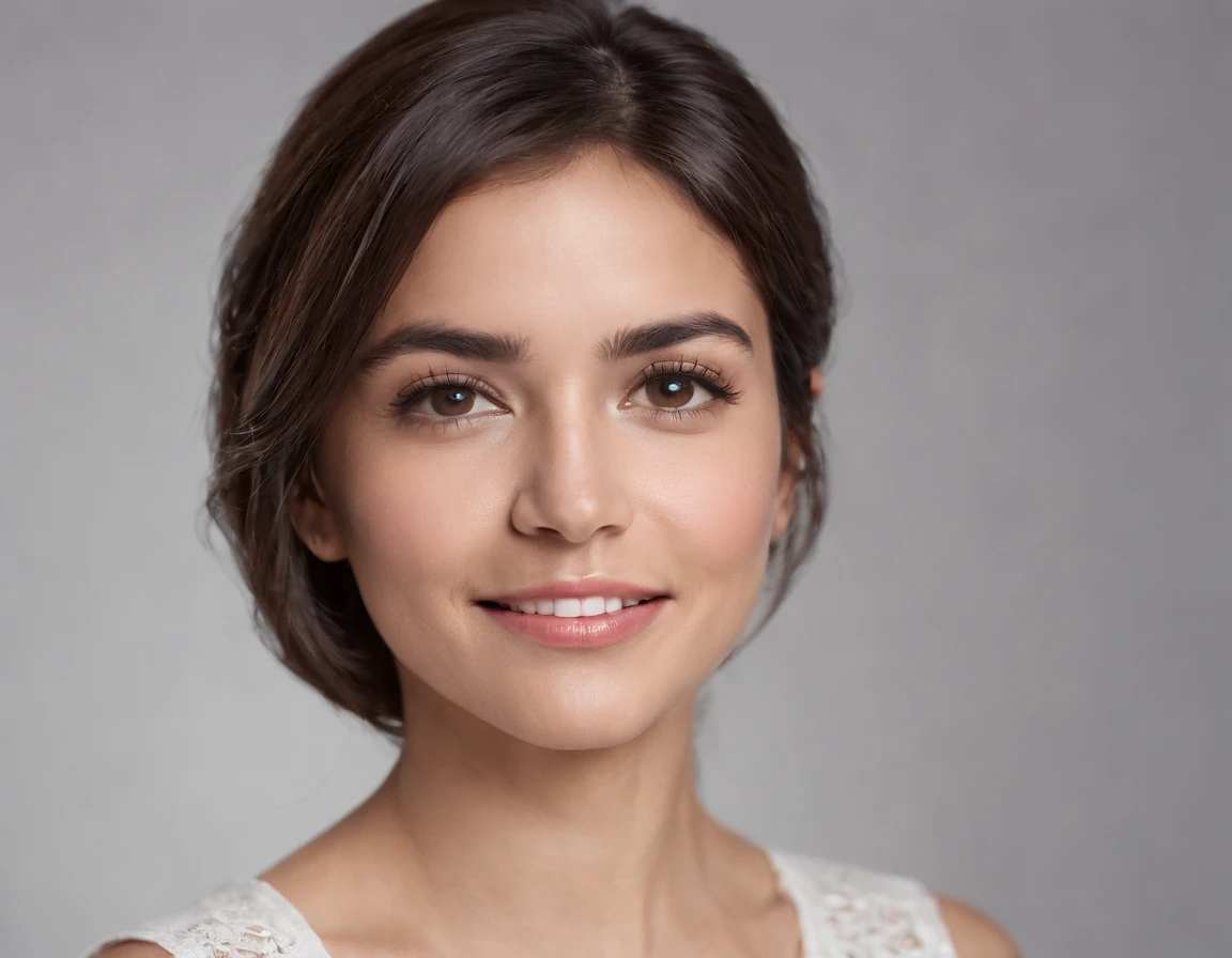 ((South American Latino)), (Latino woman), (photo: 1.3) af (photorealism: 1.3), frontal close-up, soft light, clear face, happy, cheerful, warm light, white t-shirt, (gray and white background), (blank background), (gray wall background) avatar, (short hair), smile, short hair, smile, (close-up)
