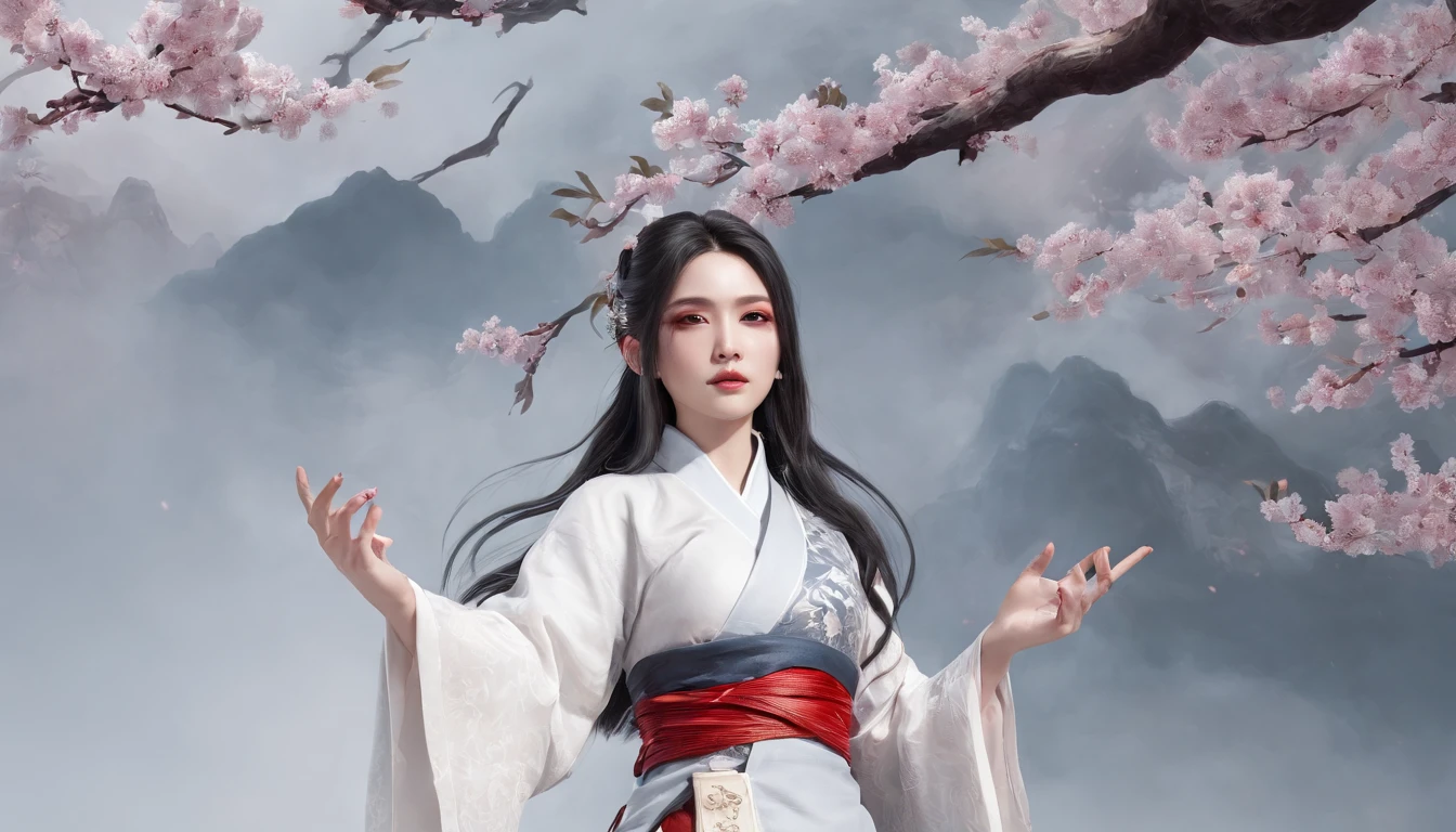 Cirilla Fiona Elen Riannon，动态照明，art  stations，poster for，Volumetriclighting，Very detailed faces，4k wallpapers，He has a delicate and beautiful face，long hair flowing，horse tailed，Fringed Hair Ornament，Dynamic perspective，White Hanfu，White gauze flying，red waistband，Sexy，Tradition Chinese Ink Painting，Surrounded by clouds，fog atmosphere，cherry blossom，Ride a white dragon，White dragon horn，dynamic viewing angle，电影灯光