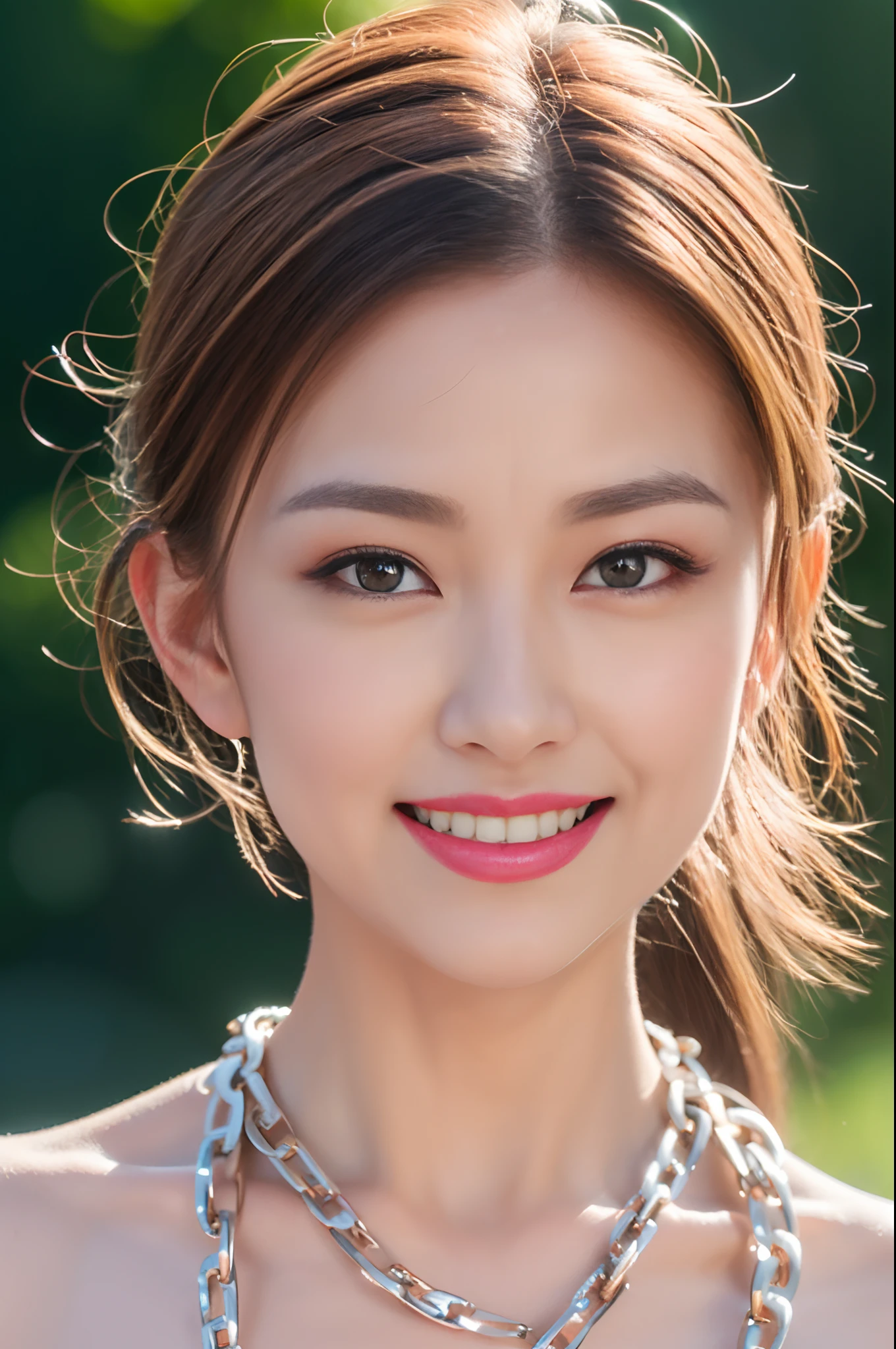 sologirl,piercings,Chic fashion,Shirts with chains,Pants with chains,(blonde hair,gradients、Short ponytail),(big eye,Pointed lips,red lipsticks,Cute round face,A smile that makes the viewer happy,blushing with embarrassment,red blush,),(Bold poses,(The 8k quality,masutepiece,top-quality,Ultra-high resolution output image,),intricate detailes,(Highly detailed raw photos:1.3),(Image Mode Ultra HD),small tits、Very small bust