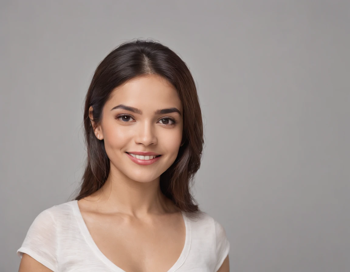 (Photo: 1.3) af (realism: 1.3), (Hispanic), Latina woman profile picture, (frontal close-up), soft light, clear face, happy, cheerful, warm light, white T-shirt, (off-white background), (blank background), ((gray wall background)) avatar, (long hair), smile, beautiful, young,, short hair, smile, (close-up)