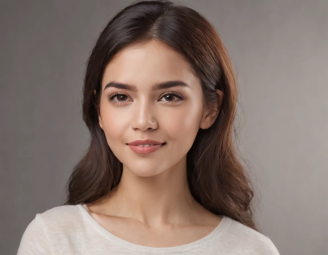(Photo: 1.3) af (realism: 1.3), (Hispanic), Latina woman profile picture, (frontal close-up), soft light, clear face, happy, cheerful, warm light, white T-shirt, (off-white background), (blank background), ((gray wall background)) avatar, (long hair), smile, beautiful, young,, short hair, smile, (close-up)