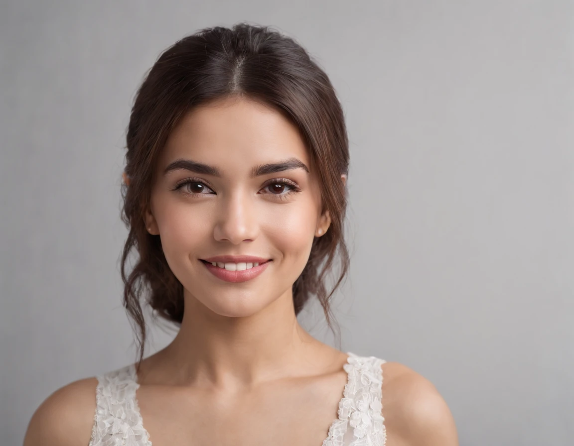 (Photo: 1.3) af (realism: 1.3), (Hispanic), Latina woman profile picture, (frontal close-up), soft light, clear face, happy, cheerful, warm light, white T-shirt, (off-white background), (blank background), ((gray wall background)) avatar, (long hair), smile, beautiful, young,, short hair, smile, (close-up)