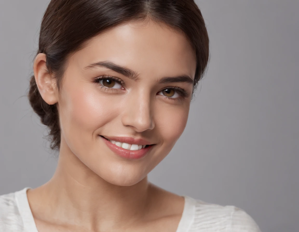 ((South American Latino)), (Latino woman), (photo: 1.3) af (photorealism: 1.3), frontal close-up, soft light, clear face, happy, cheerful, warm light, white t-shirt, (gray and white background), (blank background), (gray wall background) avatar, (short hair), smile, short hair, smile, (close-up)