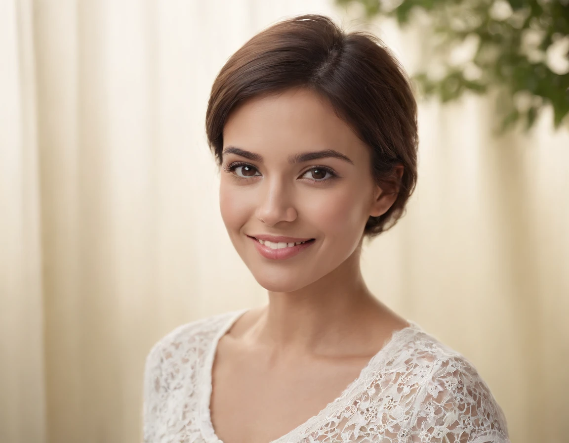 ((South American Latino)), (Latino woman), (photo: 1.3) af (photorealism: 1.3), frontal close-up, soft light, clear face, happy, cheerful, warm light, white t-shirt, (gray and white background), (blank background), (gray wall background) avatar, (short hair), smile, short hair, smile, (close-up)