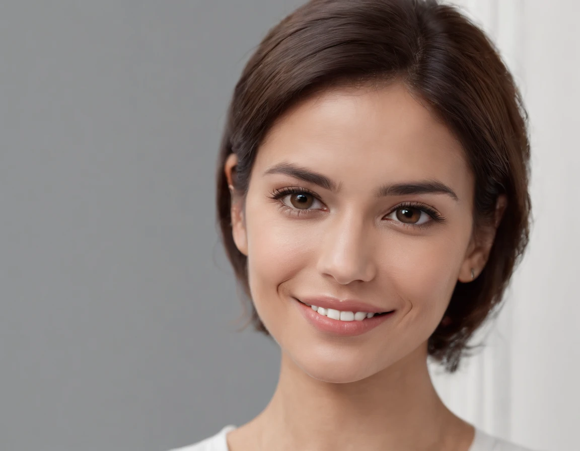 ((South American Latino)), (Latino woman), (photo: 1.3) af (photorealism: 1.3), frontal close-up, soft light, clear face, happy, cheerful, warm light, white t-shirt, (gray and white background), (blank background), (gray wall background) avatar, (short hair), smile, short hair, smile, (close-up)