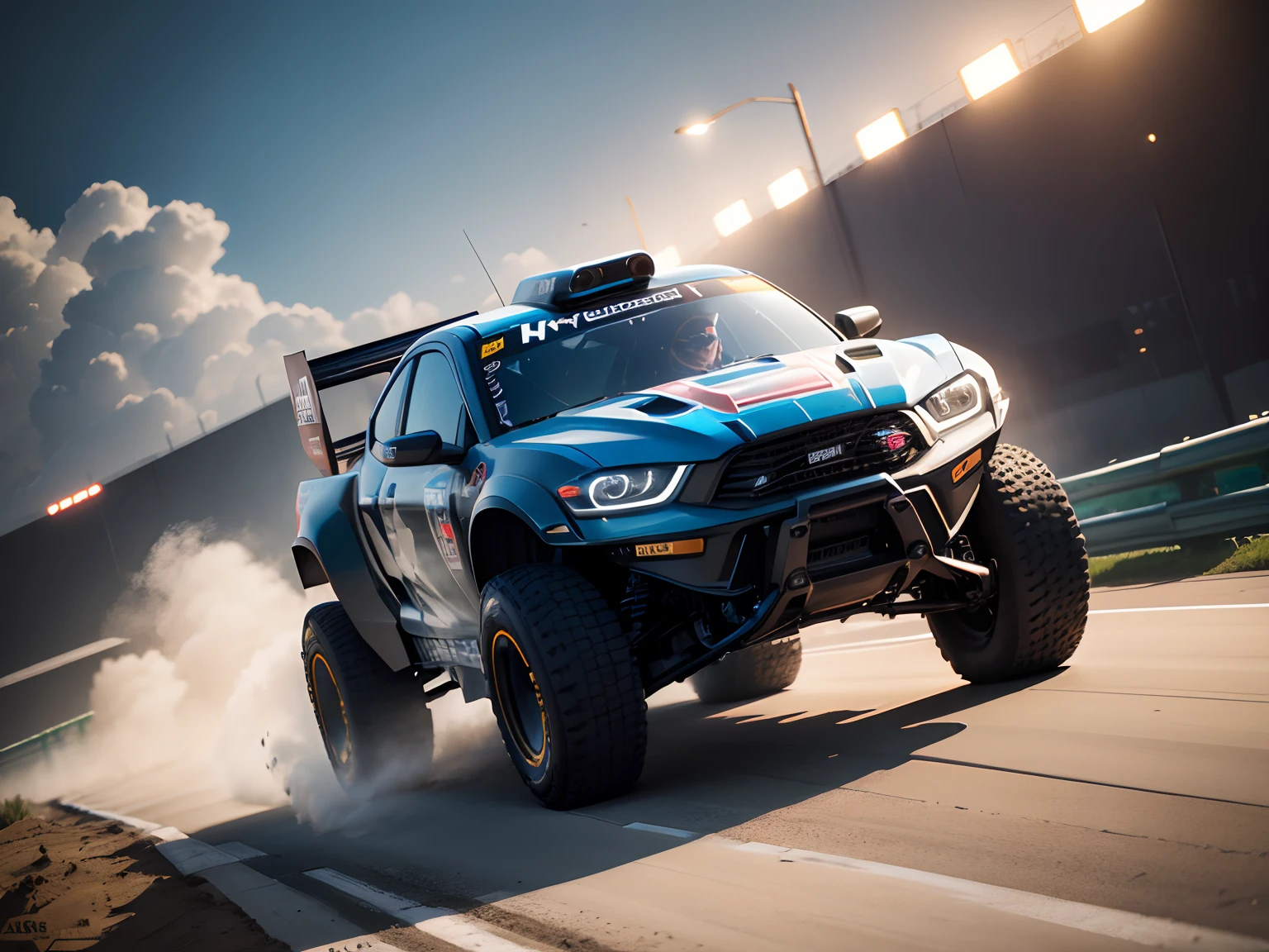 Hyper realistic 4D real life size of Supermecha robotic car, racing truck mixed nascar, bulky, futuristic design, stylish racing element, dash yonkuro tamiya car inspired, nice color grading, color balance, clean and sharp image, nice brightness, dynamic shading, Nikon D4, inspired by sci-fi artist H.R. Giger