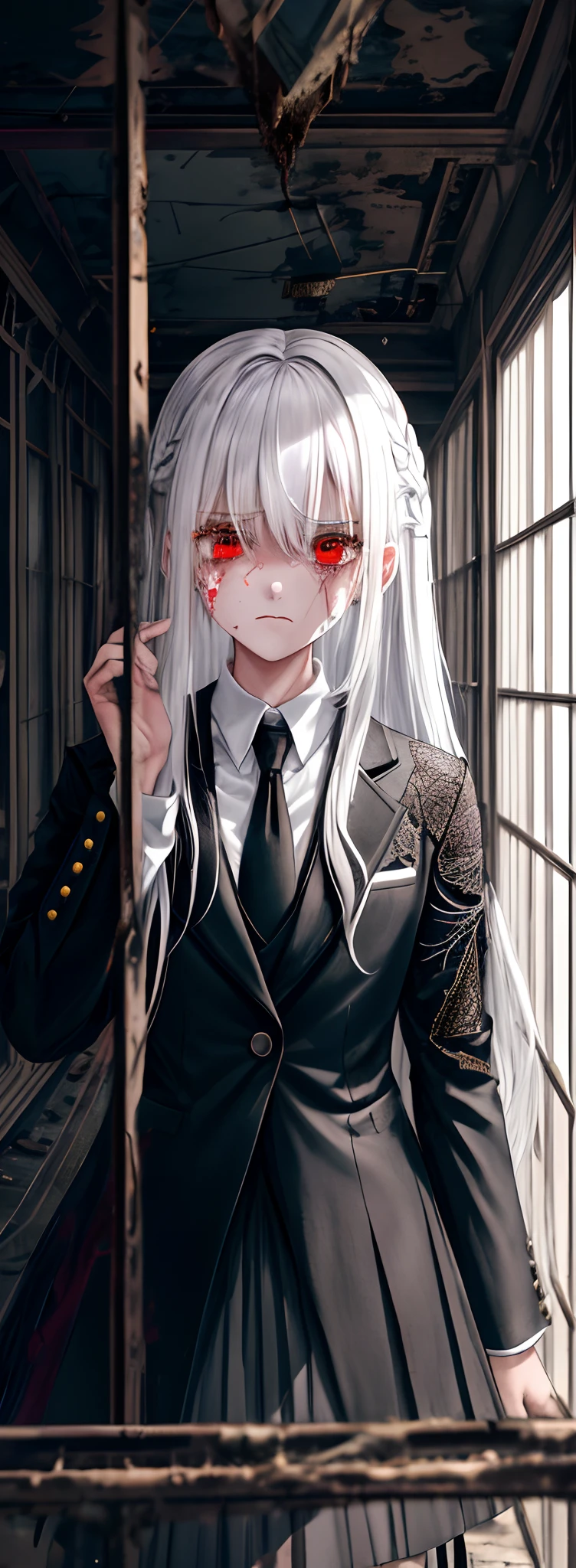 1girll, White hair, Red eyes, (teens girl_Shot:1.2), Face focus, Long hair, side locks,Collapsed crying，Extreme panic，After being violated ，Scared,(terrified:1.1) expression, Place one hand behind your back, Atmospheric lighting, Moody, Darkness, In an abandoned old museum, Clear glass display case full of interesting items, Dusty, Post-apocalypse, spiderwebs, masterful, Beautiful 8k wallpaper, Extremely detailed, Intricate，Wear a black and white suit，Broken clothes，Bleeding in the lower body
