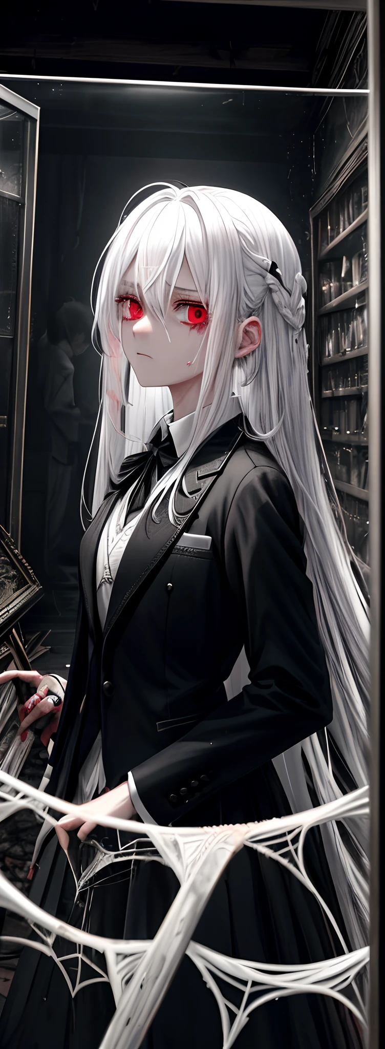 1girll, White hair, Red eyes, (teens girl_Shot:1.2), Face focus, Long hair, side locks,Collapsed crying,Extreme panic,After being violated ,Scared,(terrified:1.1) expression, Place one hand behind your back, Atmospheric lighting, Moody, Darkness, In an abandoned old museum, Clear glass display case full of interesting items, Dusty, Post-apocalypse, spiderwebs, masterful, Beautiful 8k wallpaper, Extremely detailed, Intricate,Wear a black and white suit,Broken clothes,Bleeding in the lower body