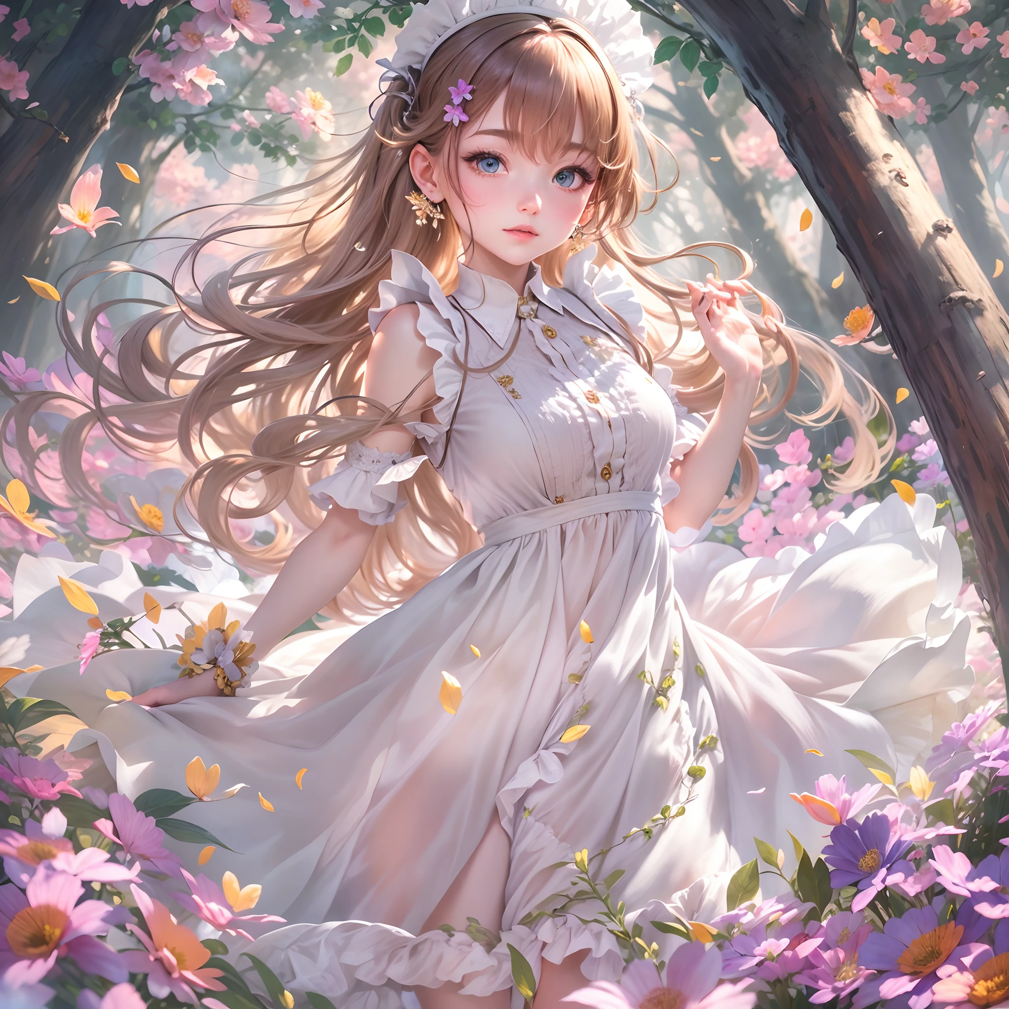 (Best quality,A high resolution:1.2),Detailed,Tease maid dress,The flowing skirt reveals white panties,Beautiful detailed eyes,Redness on rosy cheeks,floated hair,seductiveexpression,posing elegantly,Wind Garden,Soft sunlight filters through the trees,Colorful flowers bloom,Feminine and elegant,Emphasize curves,Gentle and delicate movements,extremely colorful、vibrant paint palette,Subtle lighting adds depth and warmth