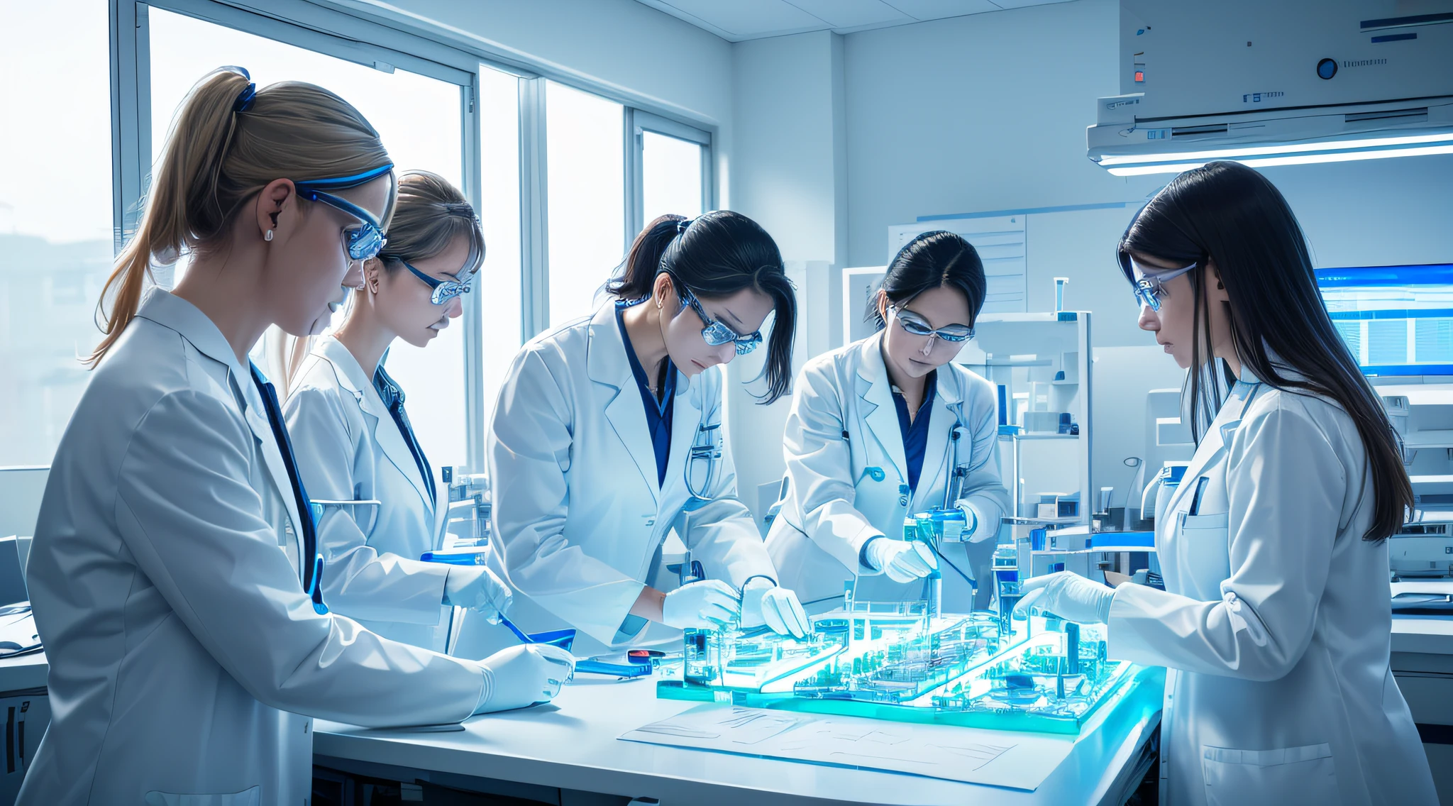 Two scientists, one with wavy black hair, with lab coats and science background. make it logo type.