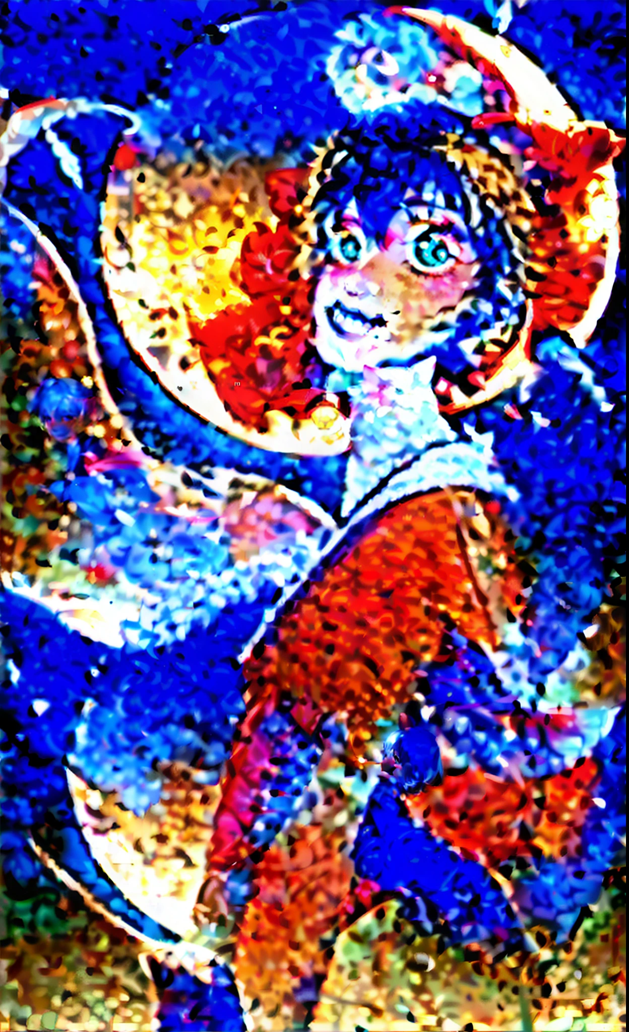 A little girl in Hanfu looks up at the moon，There were two rabbits sitting next to them，Happy smile，Nightcore style，Bright moon at night，Warm tones，Lovely whole body，Blind box style，Deep blue Pixar style，Disney  style，Hung Ming lantern in the background，Vivid color scheme - AR 9:16