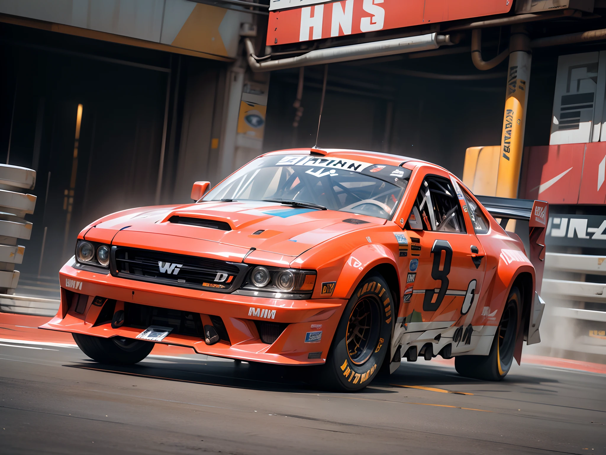 Hyper realistic 4D real life size of racing truck mixed nascar, bulky, futuristic design, stylish racing element, dash yonkuro tamiya car inspired, nice color grading, color balance, clean and sharp image, nice brightness, dynamic shading, Nikon D4, inspired by sci-fi artist H.R. Giger