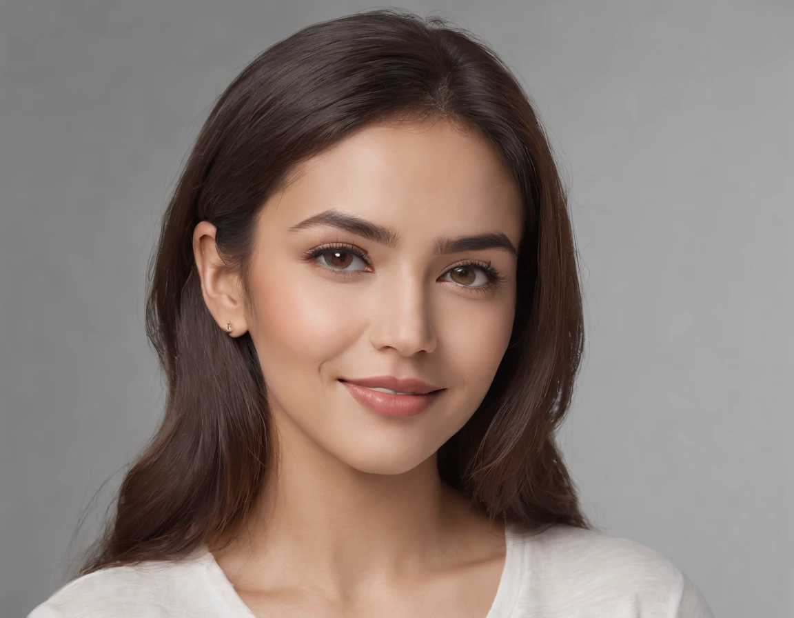 (Photo: 1.3) af (realism: 1.3), (Hispanic), Latina woman profile picture, (frontal close-up), soft light, clear face, happy, cheerful, warm light, white T-shirt, (off-white background), (blank background), ((gray wall background)) avatar, (long hair), smile, beautiful, young,, short hair, smile, (close-up)