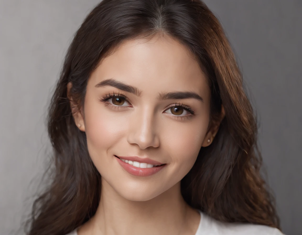 (Photo: 1.3) af (realism: 1.3), (Hispanic), Latina woman profile picture, (frontal close-up), soft light, clear face, happy, cheerful, warm light, white T-shirt, (off-white background), (blank background), ((gray wall background)) avatar, (long hair), smile, beautiful, young,, short hair, smile, (close-up)