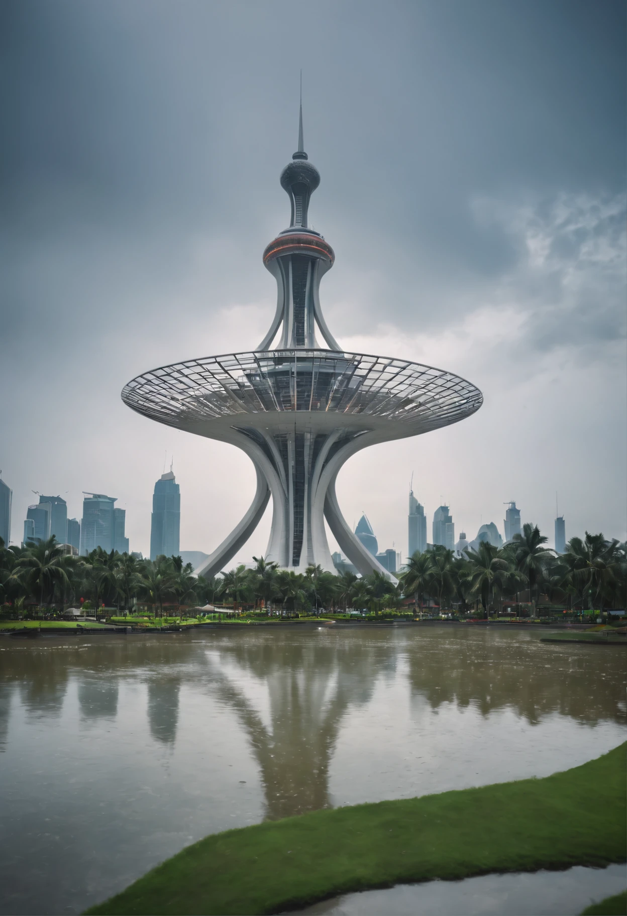 Create futuristic Indonesian monas ultra-artistic artwork, Imagine a floating city in the sky, The building structure is complex，Technologically advanced. Depict this futuristic city in rich detail, Capture bright lights, Suspended platforms and crisscrossing aircraft